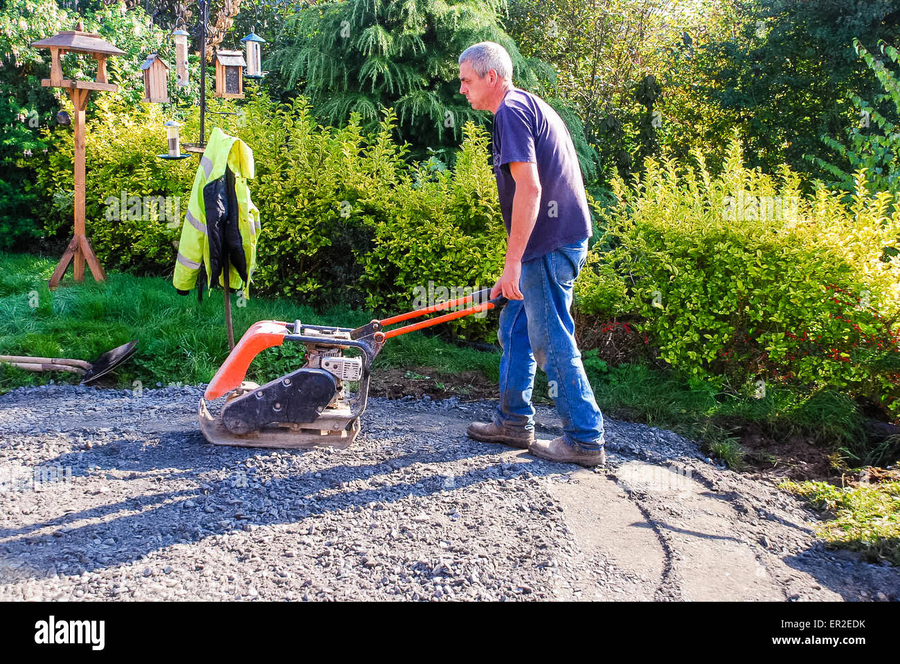 Un constructeur utilise un vibrateur à la plaque vers le bas de l'entreprise pierres avant de porter une patio Banque D'Images