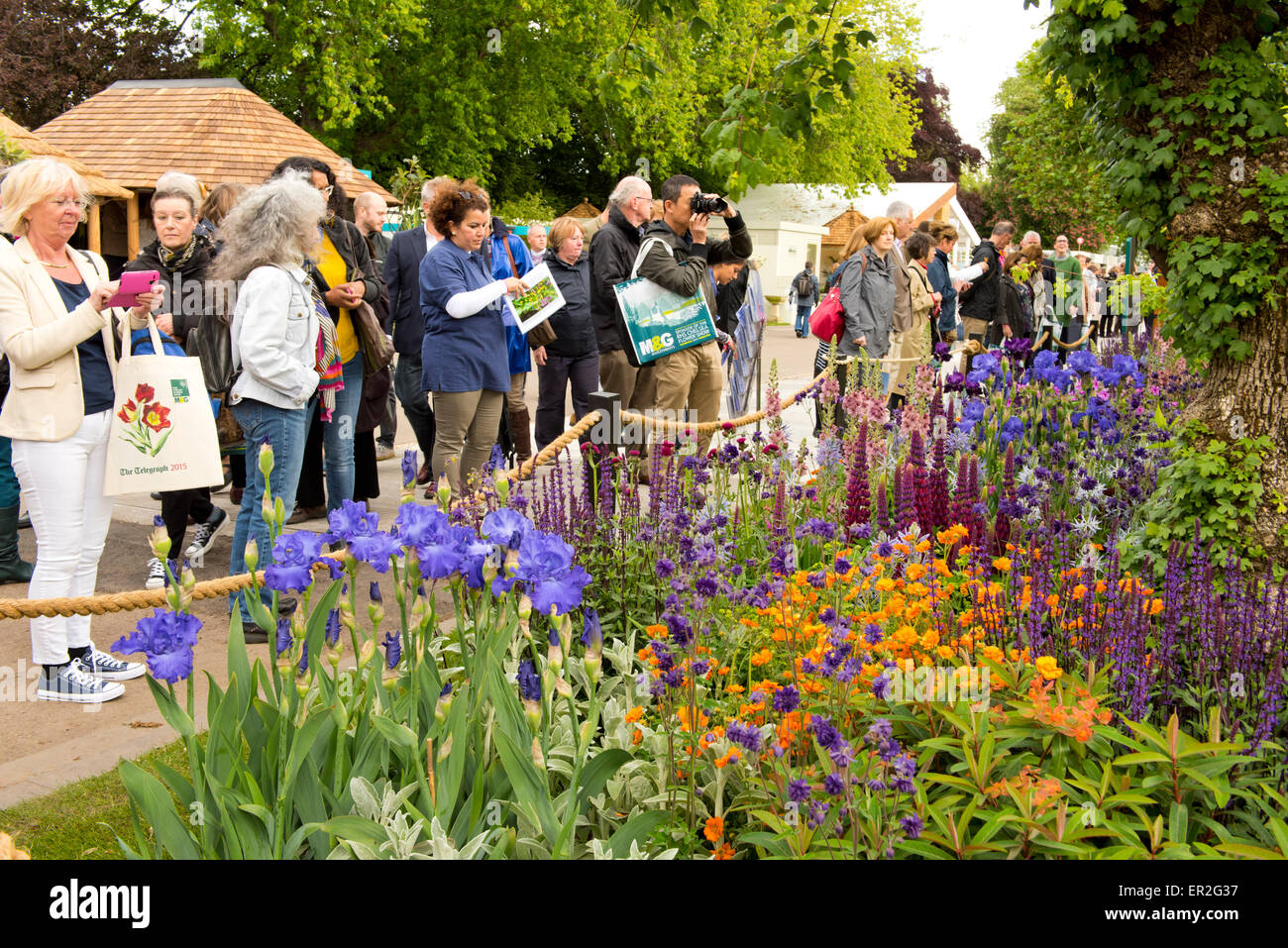Les visiteurs de la RHS Chelsea Flower Show à la recherche sur les fleurs dans le jardin des Villes-santé de Morgan Stanley conçu par Chris Beardsh Banque D'Images