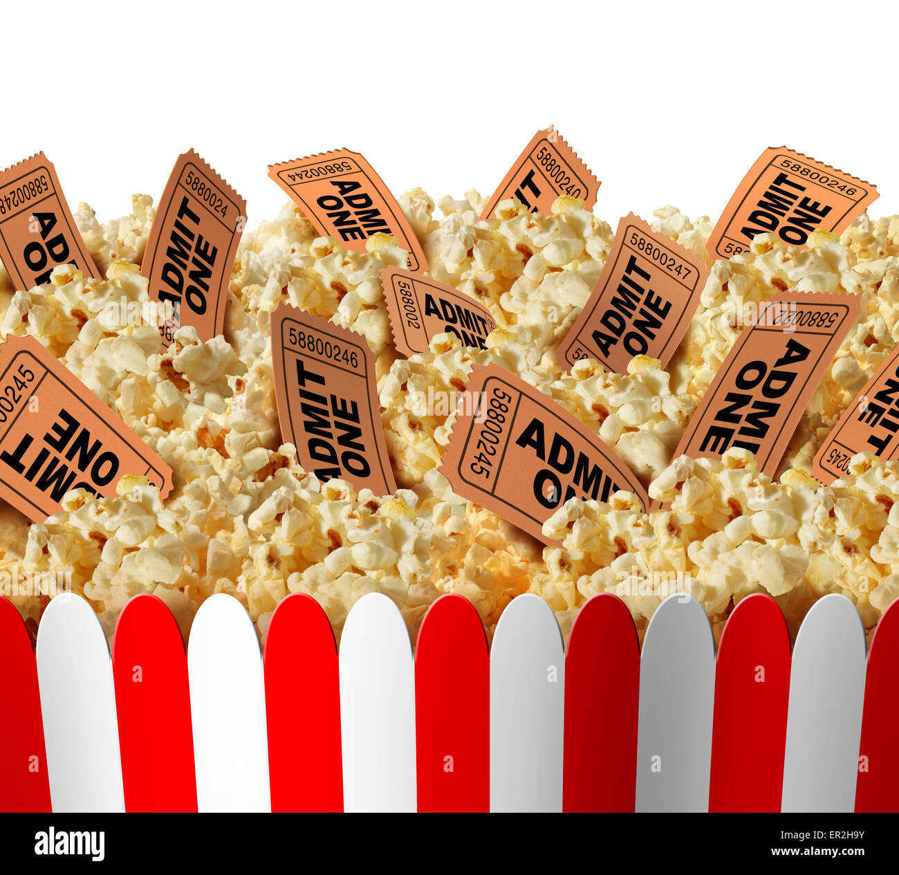 Film popcorn billets frontière comme un groupe de maïs soufflé en-cas avec les talons de billets de cinéma dans l'alimentation comme un symbole théâtral pour en Banque D'Images