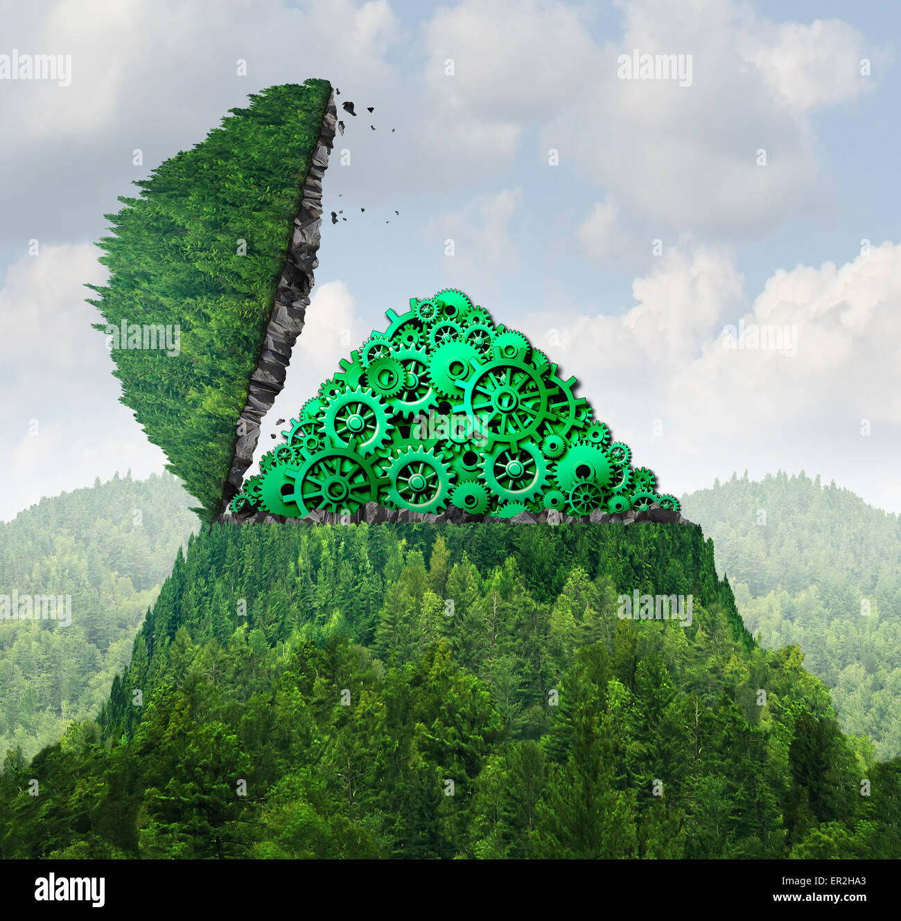 Sciences de la terre ou géosciences et l'étude des lois de la nature comme un symbole de la physique naturelle et le fonctionnement interne de l'environnement mondial en montagne avec des engrenages à l'intérieur comme une métaphore de l'apprentissage et la découverte. Banque D'Images