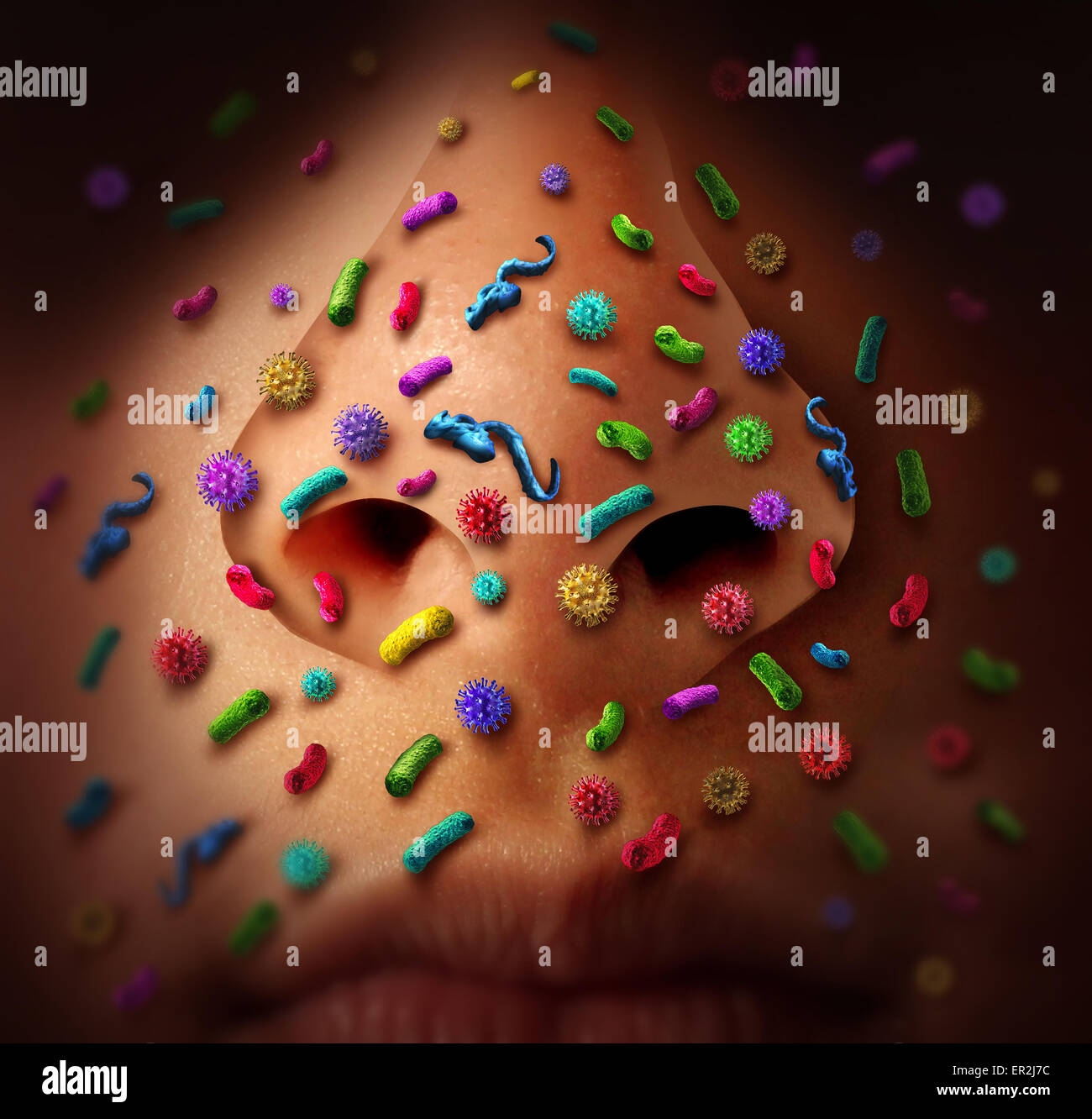 Les germes du nez la propagation de la maladie et les dangers de propagation de la maladie au public comme un concept de soins de santé de prendre des risques infectieux du virus de grippe contagieuse ou contagion avec les virus et les bactéries microscopiques. Banque D'Images