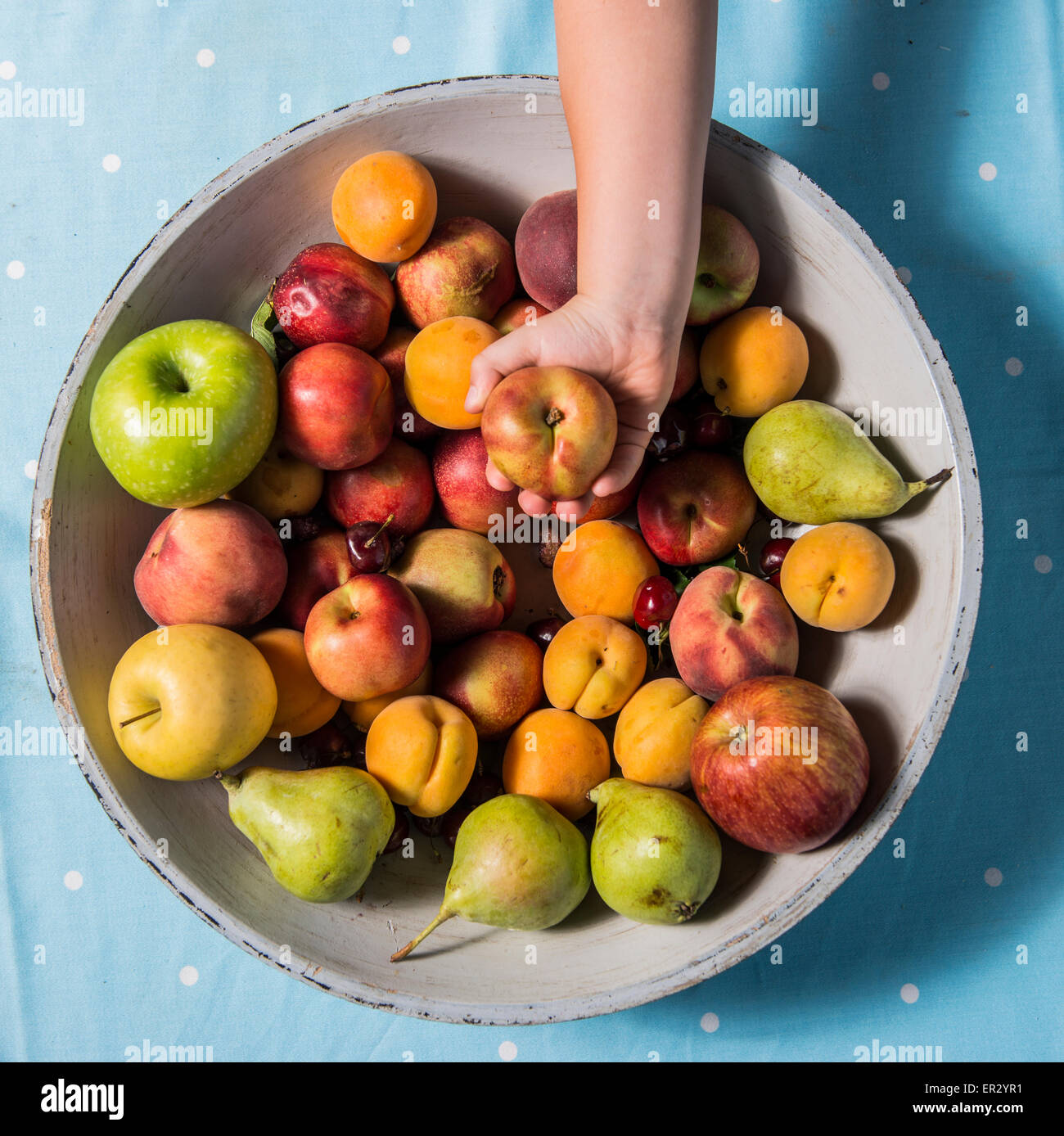 Main tenant une pomme au-dessus d'un bol de fruits, sur fond bleu Banque D'Images