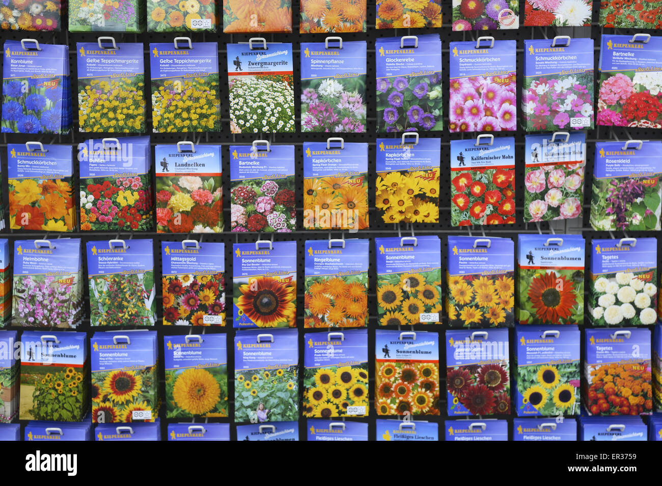 DEU, Allemagne, Hagen, sacs de graines dans un jardin maraîcher. DEU, Deutschland, Hagen, Tueten Samen mit einem Gartencenter. Banque D'Images