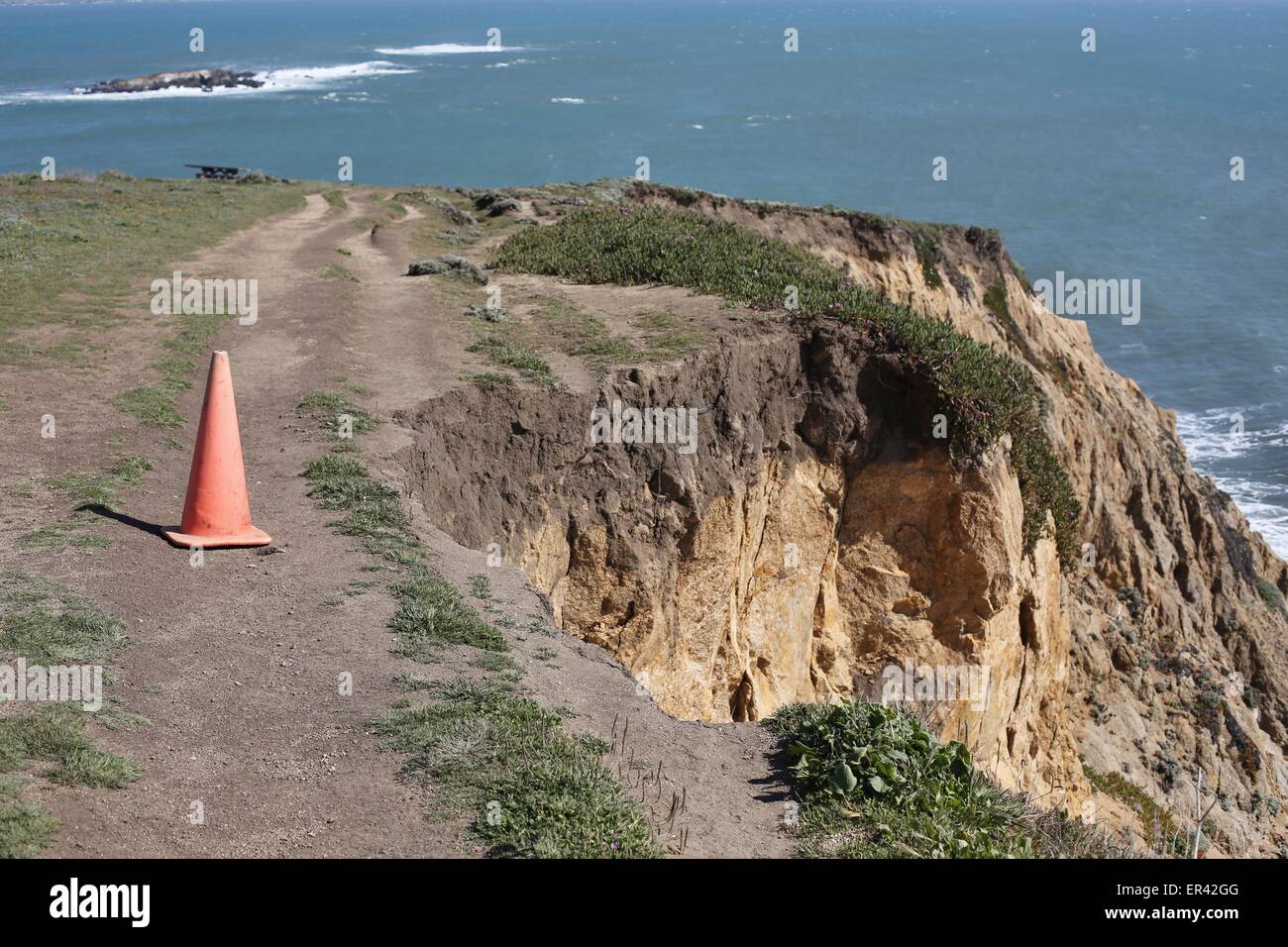 Un cône orange à côté d'une falaise sur un sentier de randonnée à Bodega Head en Californie. Banque D'Images
