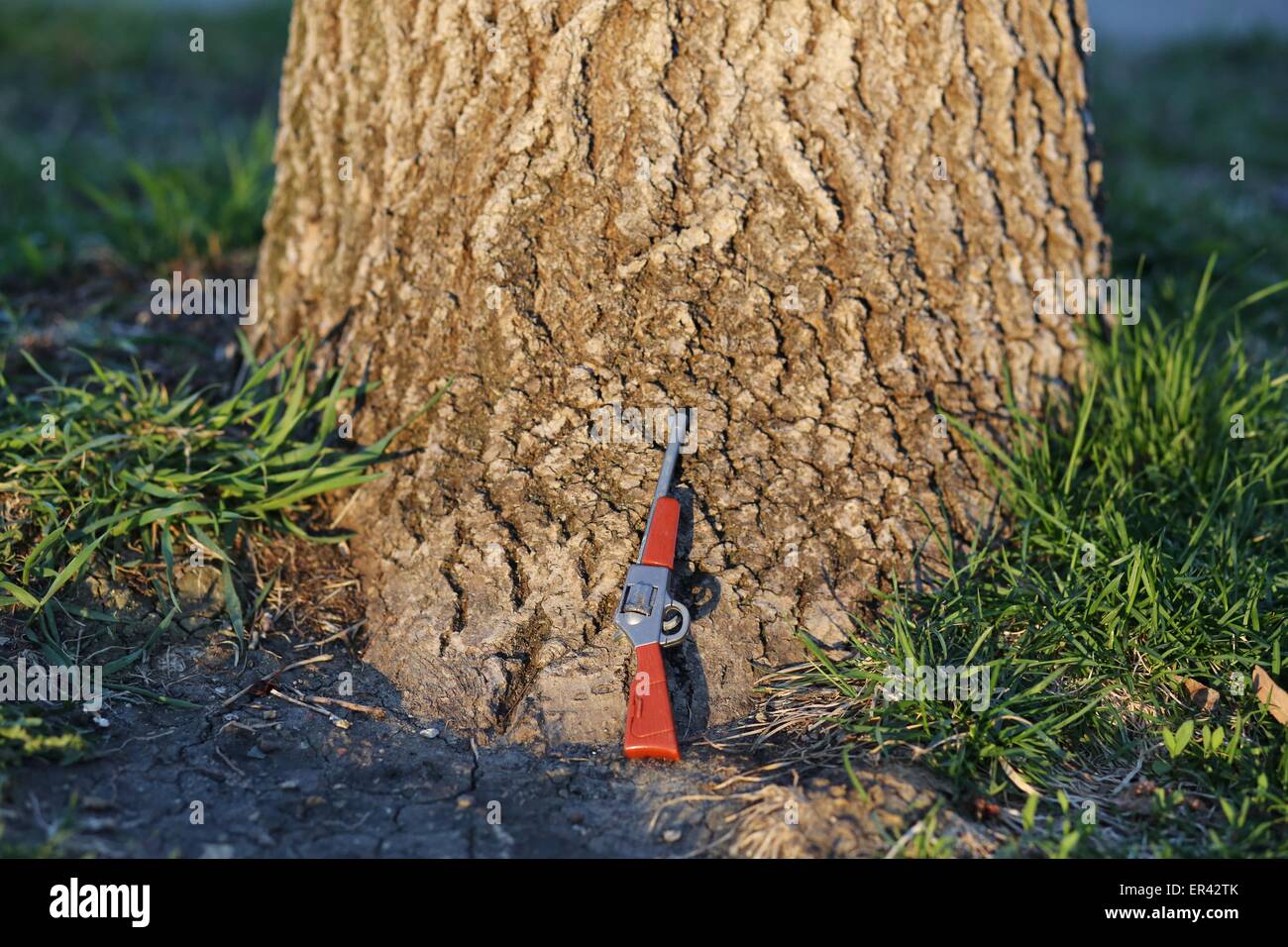 Un petit pistolet jouet appuyé contre un tronc d'arbre. Banque D'Images