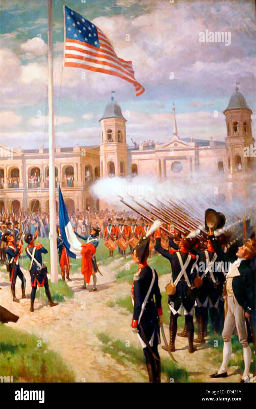 Le levage des couleurs américaines sur la Louisiane 1804 Peinture représentant première levée du drapeau USA avec l'achat de la Louisiane, dans la place principale (aujourd'hui Jackson Square), La Nouvelle-Orléans. Cérémonie était le 10 mars 1804. Banque D'Images