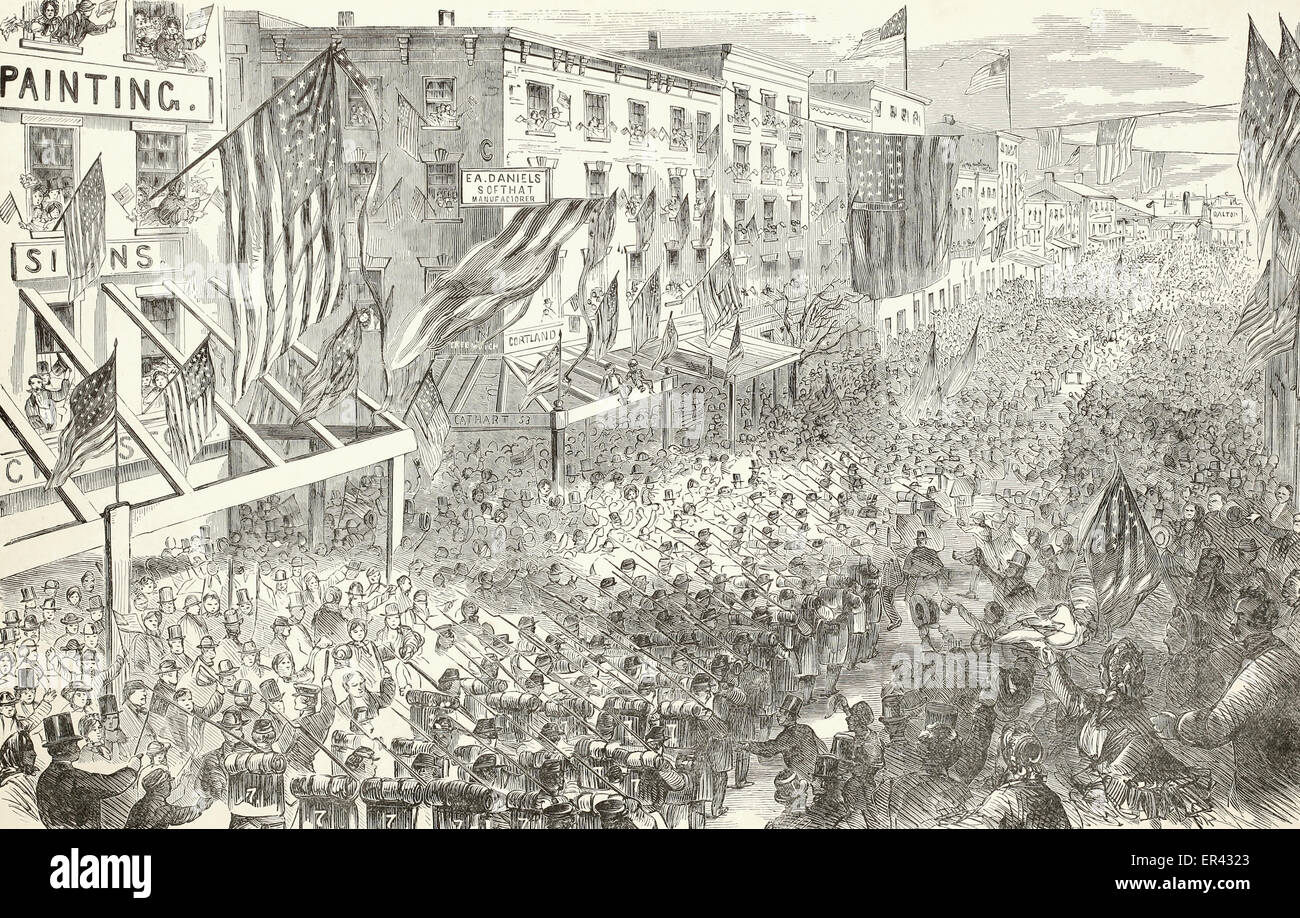 Le New York 7e Regiment transmission Cortlandt Street sur le chemin de la Pennsylvania Railroad depot en route pour Washington DC Avril 19th, 1861 Banque D'Images