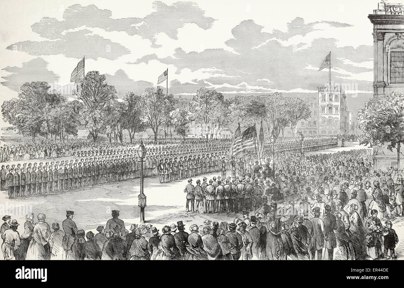 Le régiment allemand Steuben, bénévoles, le Colonel John E commandant Bendix, recevant l'American et Steuben drapeaux devant l'hôtel de ville, New York, mai 24, 1861 Guerre civile USA Banque D'Images