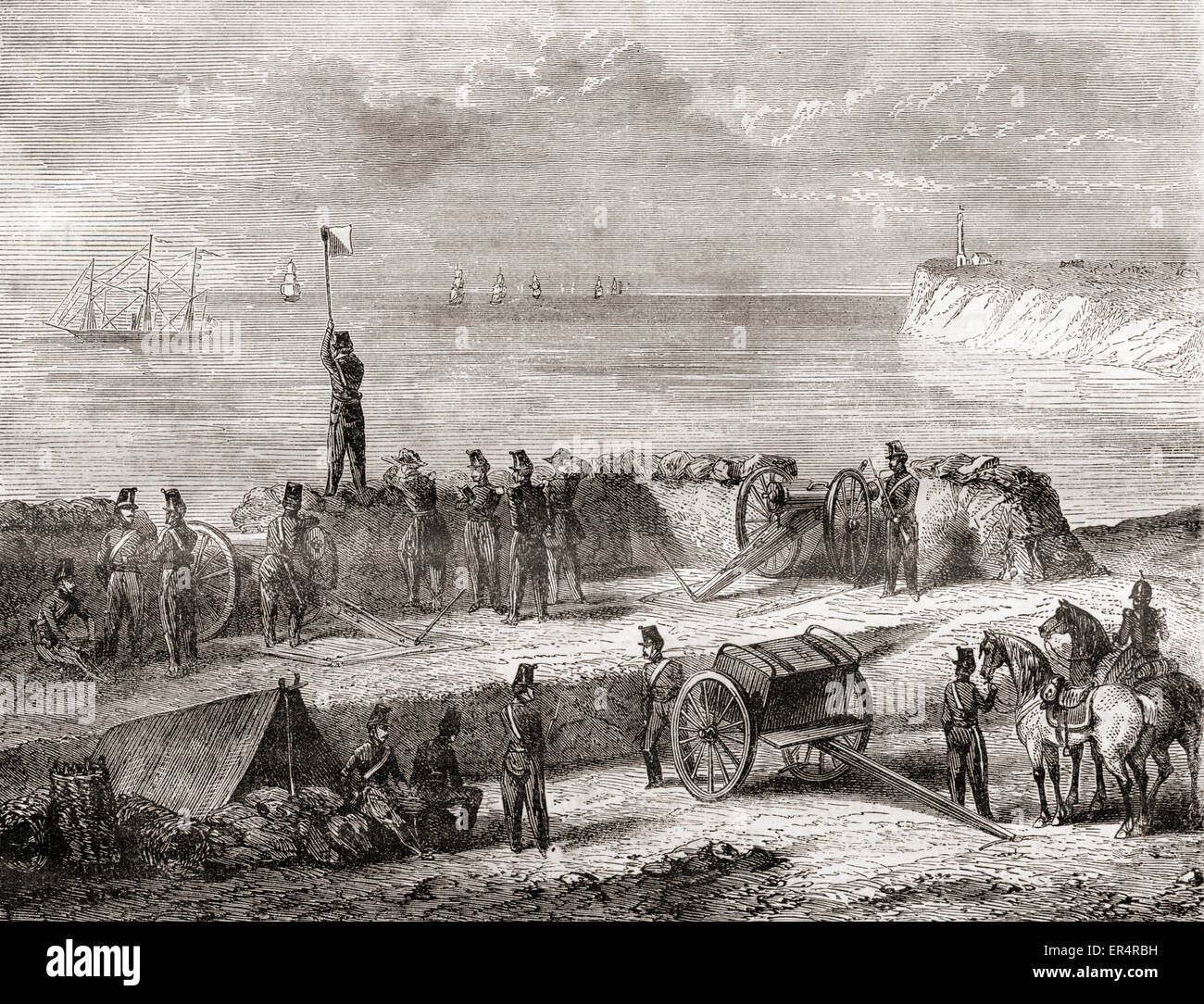 La communication entre un navire qui entre dans le port et débarque des troupes à l'aide du système de télégraphie sémaphore drapeau, c.1870. Banque D'Images
