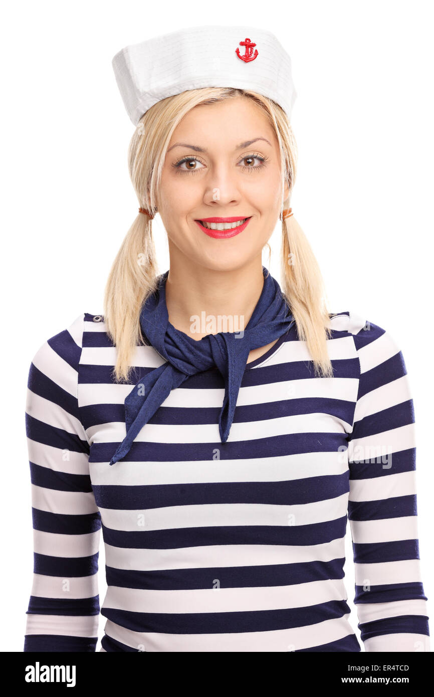 Studio shot vertical d'un marin Femmes portant une chemise bleu et blanc à rayures et un chapeau de marin Banque D'Images