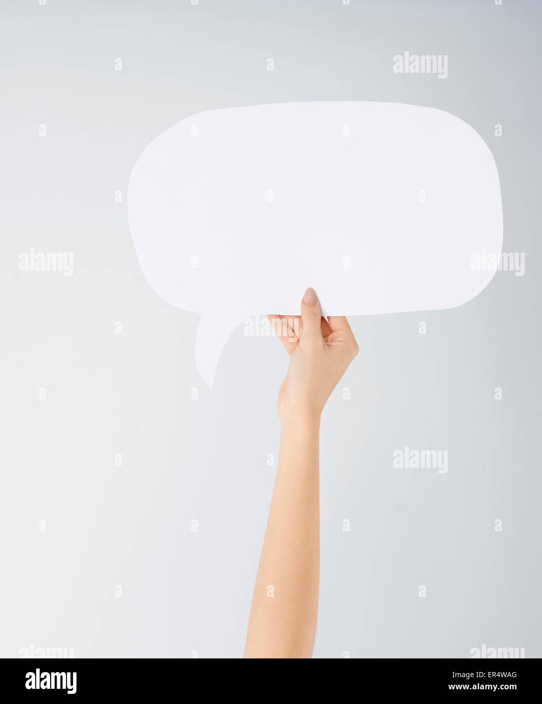 Close up of woman's hand with speech bubble. Debica, Pologne Banque D'Images