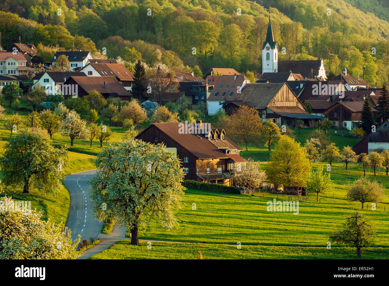Coucher du soleil de printemps dans le village de Metzerlen, canton de Soleure, Suisse. Banque D'Images