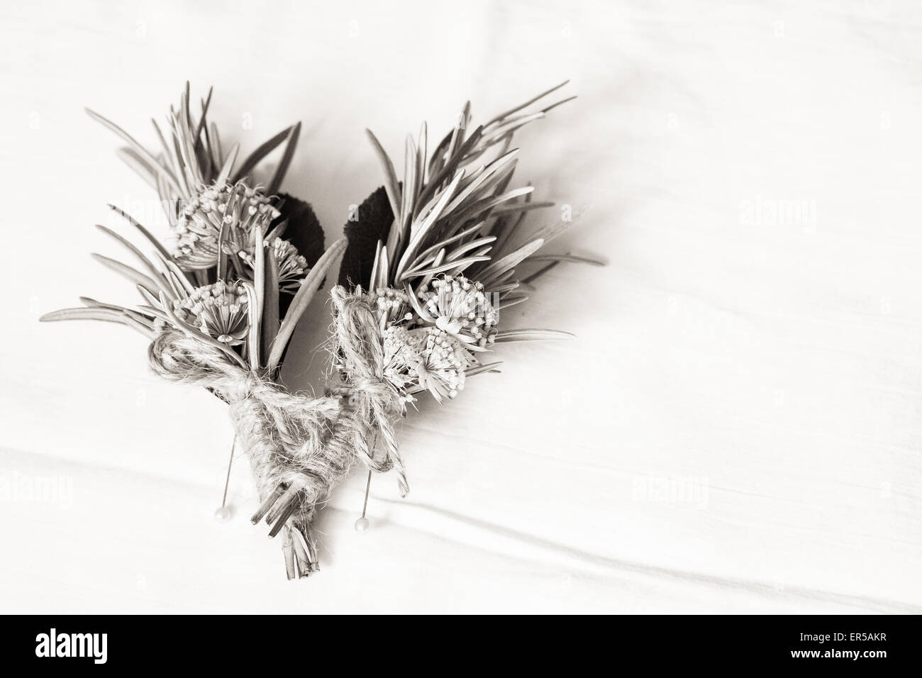 De fleurs et d'herbes naturelles boutonnière pour un mariage. Tourné en noir et blanc sonorité secondaire. Banque D'Images