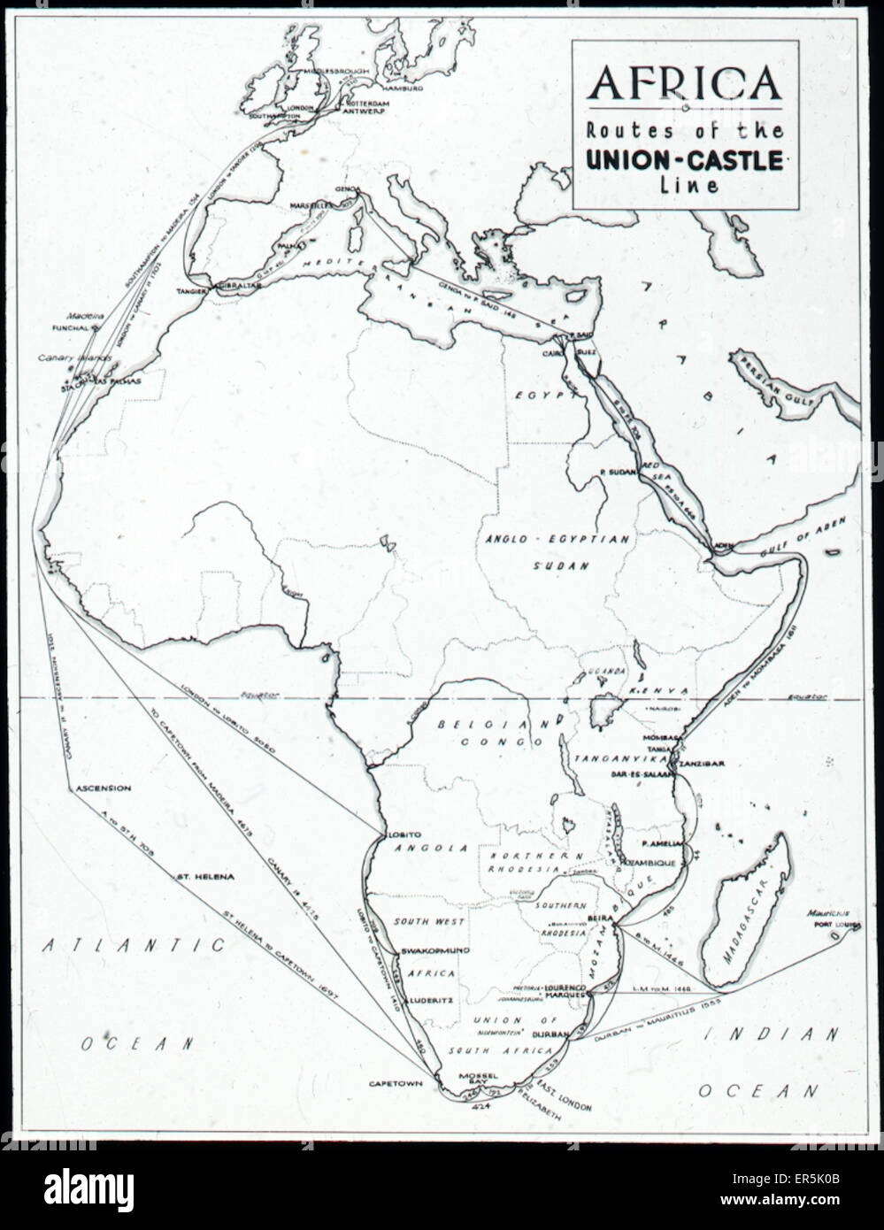 Carte montrant les itinéraires de l'Union Castle Line vers l'Afrique Banque D'Images