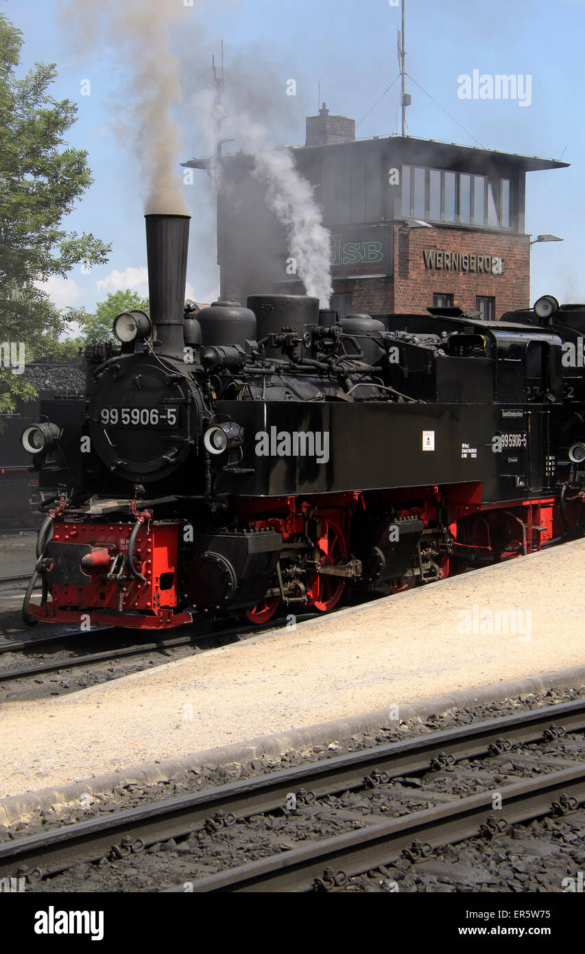 La station de train à vapeur, laissant Wernigerode Harz (Saxe-Anhalt, Allemagne, Europe Banque D'Images
