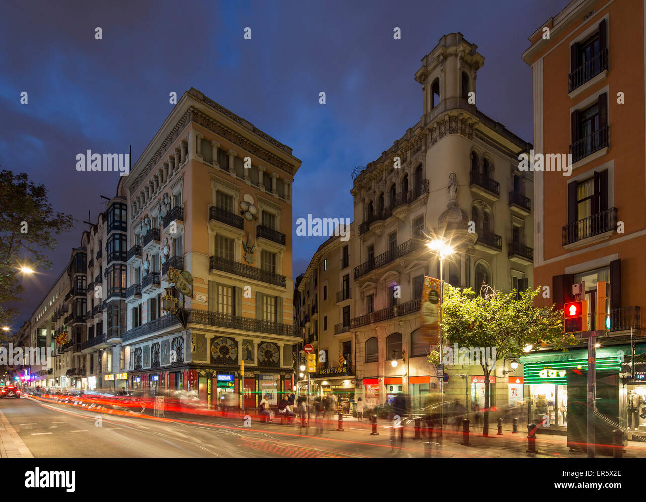 La Rambla au crépuscule, Barcelone, Catalogne, Espagne Banque D'Images