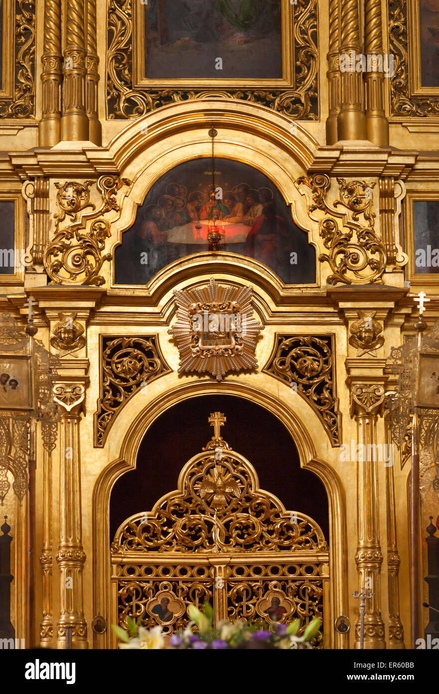 Autel détail avec la peinture à l'intérieur de la Cène Maria Magdalena église orthodoxe, district de Prague, Varsovie, Pologne, Europe Banque D'Images