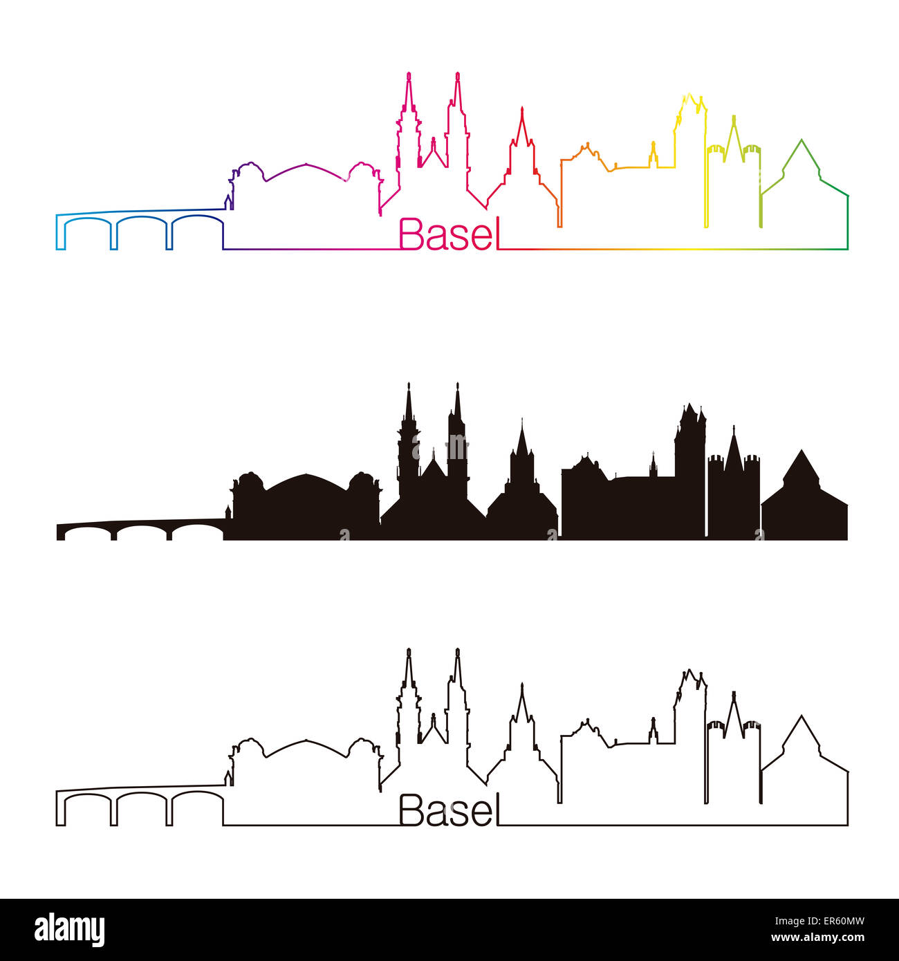 Skyline Bâle style linéaire avec rainbow en fichier vectoriel éditable Banque D'Images