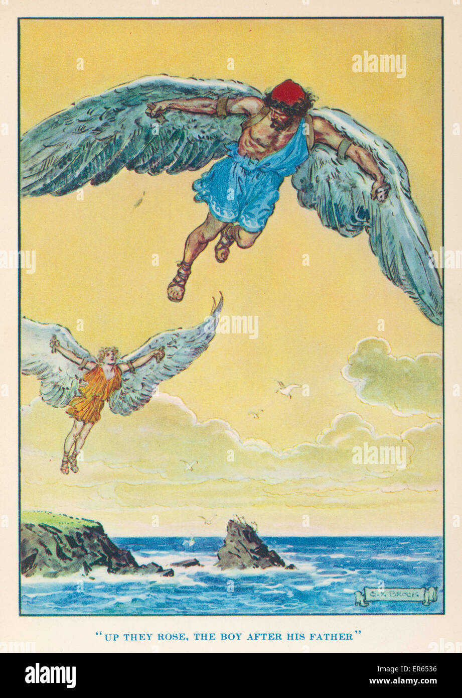 Daedalus a encouragé son fils Icarus à voler de l'île de Crète au soleil. Mais le soleil fait fondre la cire avec laquelle ses ailes étaient fixés sur l'Icarus et tomba dans la mer. Banque D'Images