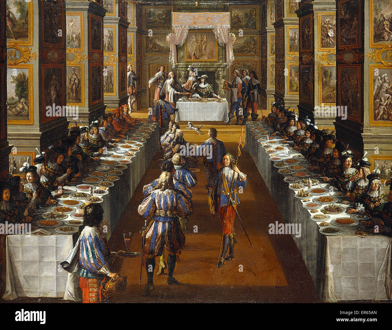 Banquet des Chevaliers de l'Ordre du Saint-Esprit donne au Chateau de Fontainebleau le 14 mai 1633, école française. Les chevaliers de l'ordre de l'Esprit Saint s'asseoir à deux longues tables somptueusement, ensemble avec la nourriture. 9 valets sont transportant de la nourriture et boisson pour le Roi Banque D'Images