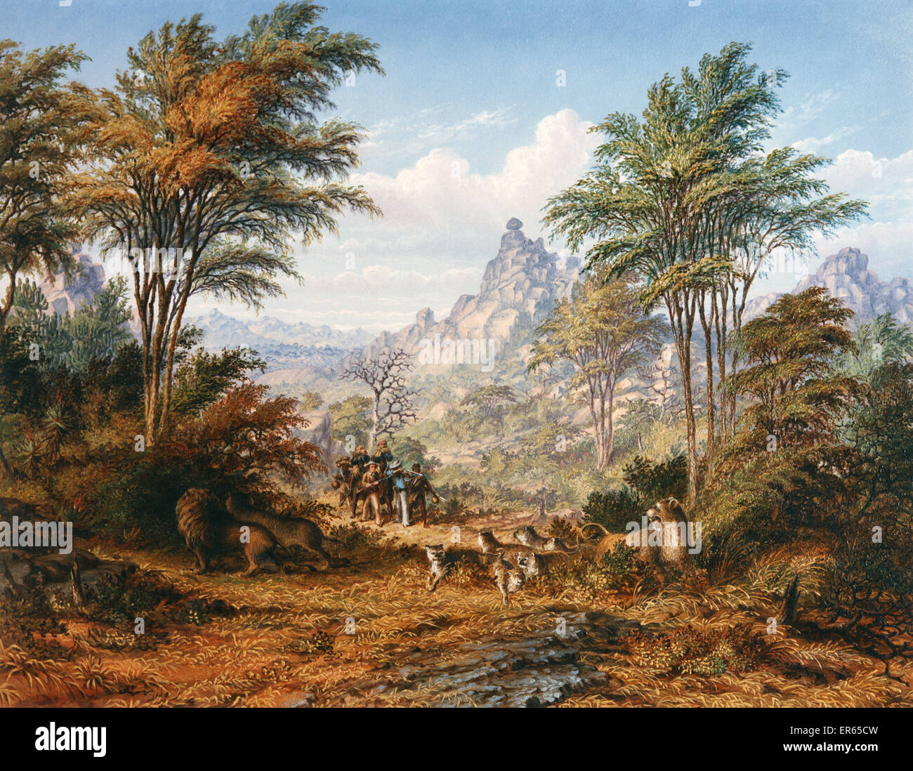 La famille de lions parmi les collines granitiques entre Shasha et Macloutsie les rivières, par Thomas Baines (1820-1875). (1 de 5) 1872 Banque D'Images