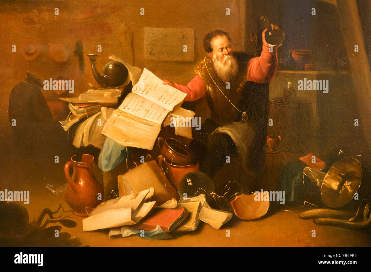 L'Angleterre, Londres, The Wellcome Collection, la salle de lecture, la peinture du 17ème siècle intitulé "un alchimiste dans son laboratoire. Banque D'Images