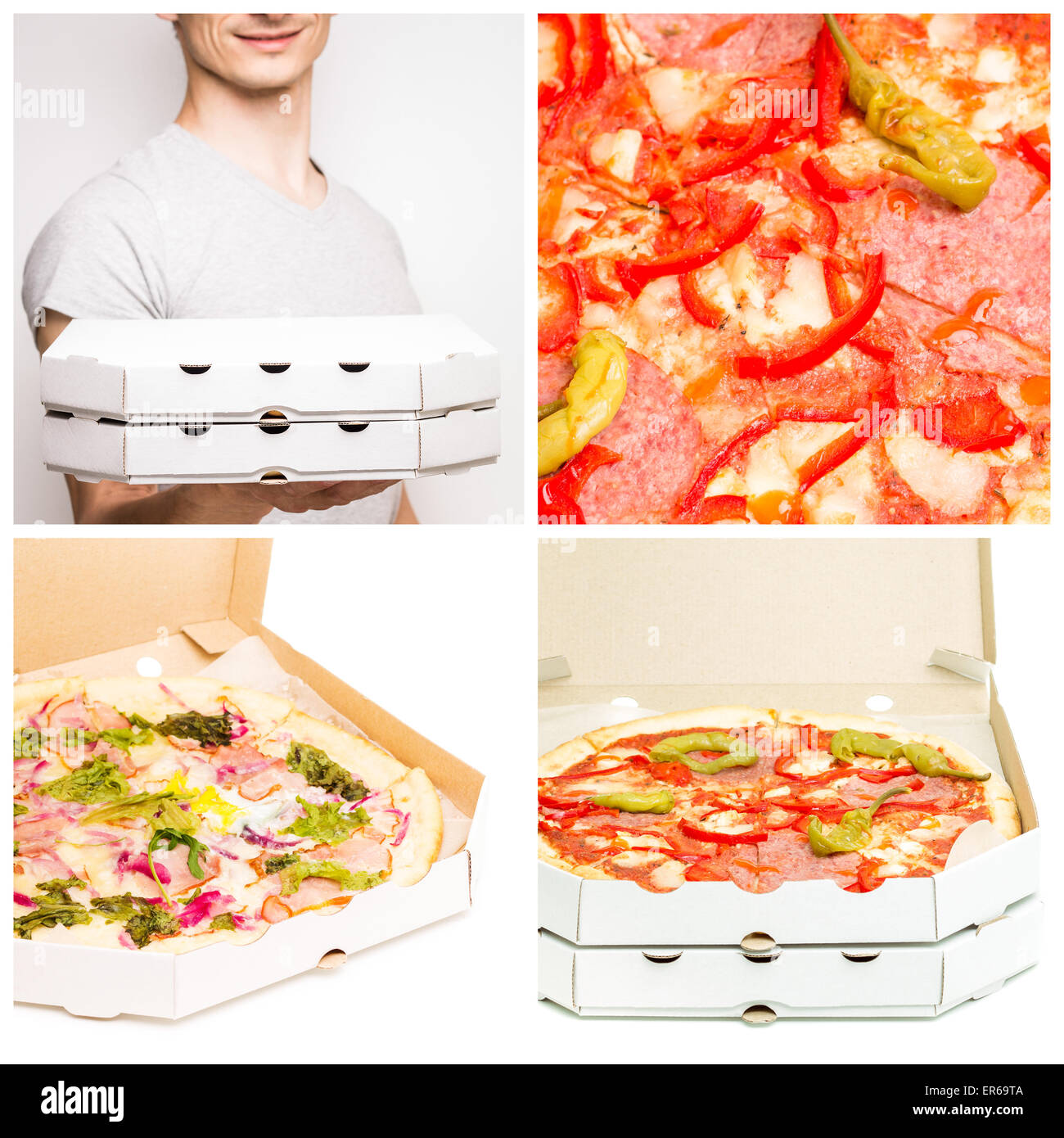 Restauration rapide livraison de pizza. Pizza à ouvrir la boîte en carton. L'homme détient des boîtes à pizza. Banque D'Images Restauration rapide livraison de pizza. Pizza à ouvrir la boîte en carton. L'homme détient des boîtes à pizza. Banque D'Images