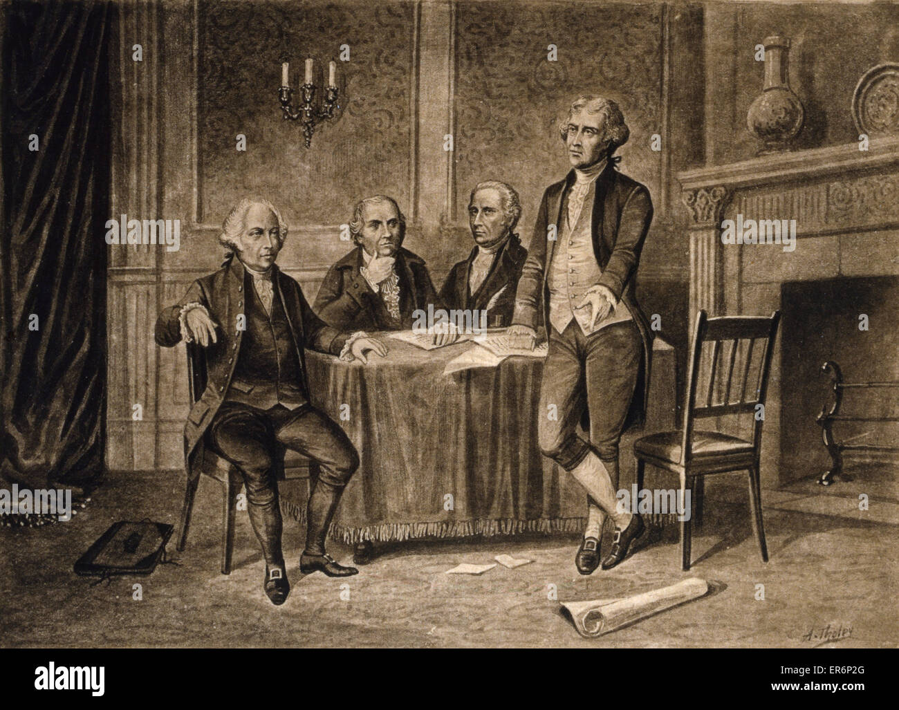 Les dirigeants du Congrès Continental - John Adams, gouverneur Morris, Alexander Hamilton, et Thomas Jefferson autour de table. c1894 Banque D'Images
