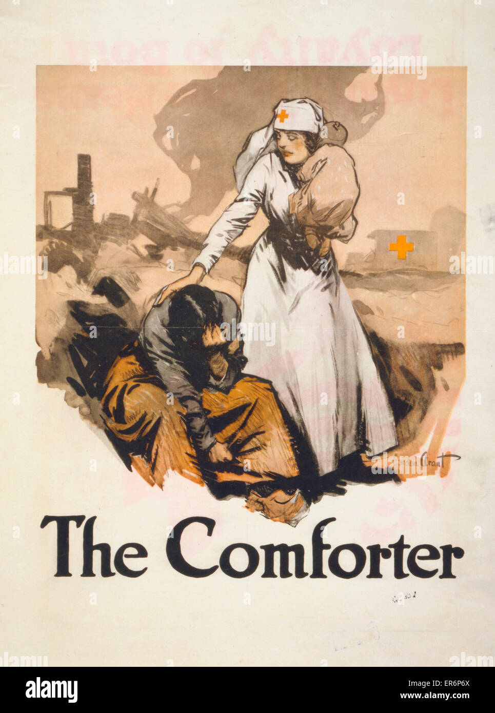Le consolateur. American Red Cross affiche montrant une croix rouge nurse holding un bébé et une femme de réconfort au milieu de la destruction laissée par la guerre. Date 1918. Banque D'Images