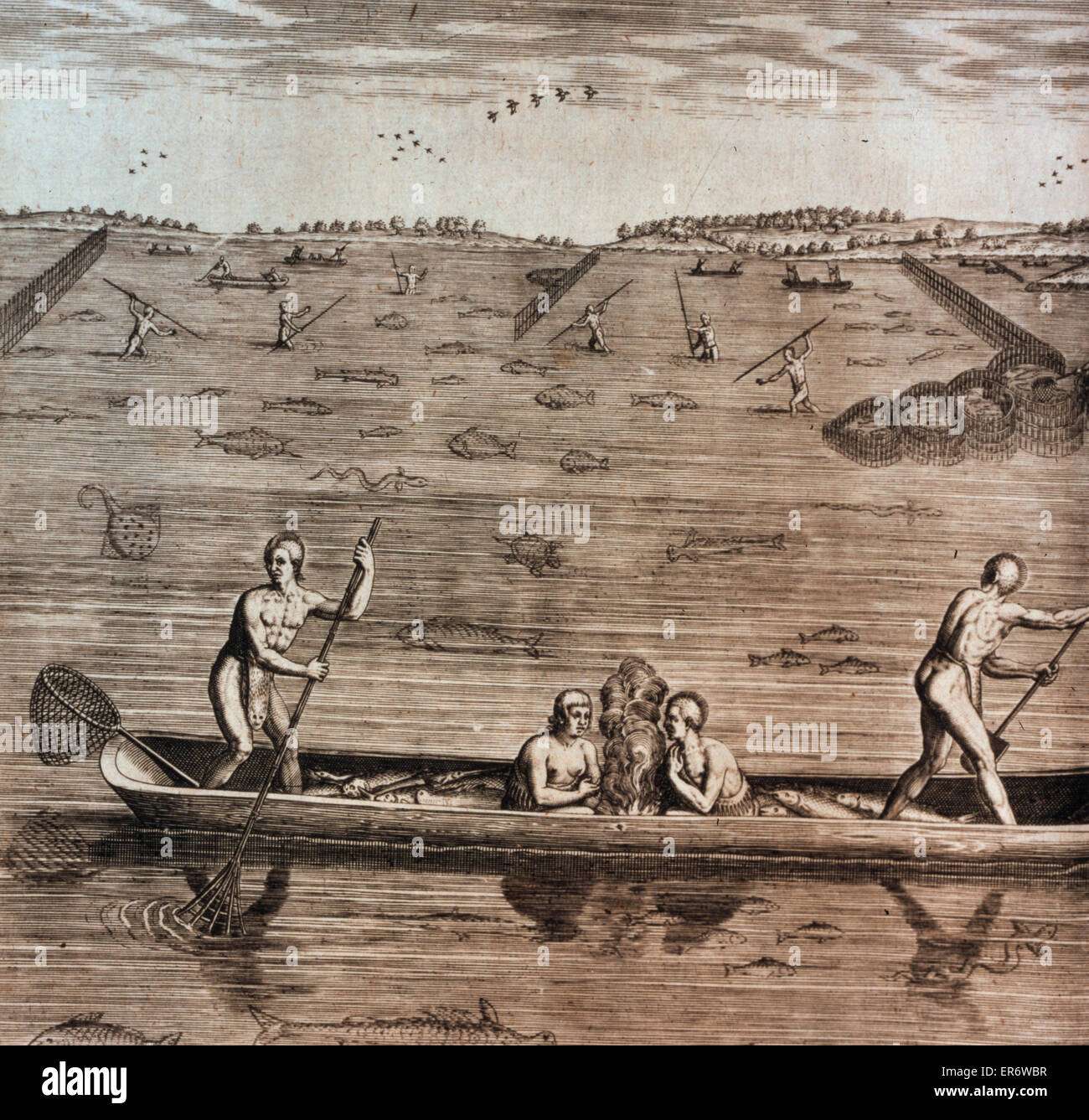Leur mode de pêche en Virginie. Les hommes autochtones et les femmes dans un canoë pêche tandis que d'autres en arrière-plan se tenir dans la rivière et la lance du poisson. Date 1590. Banque D'Images