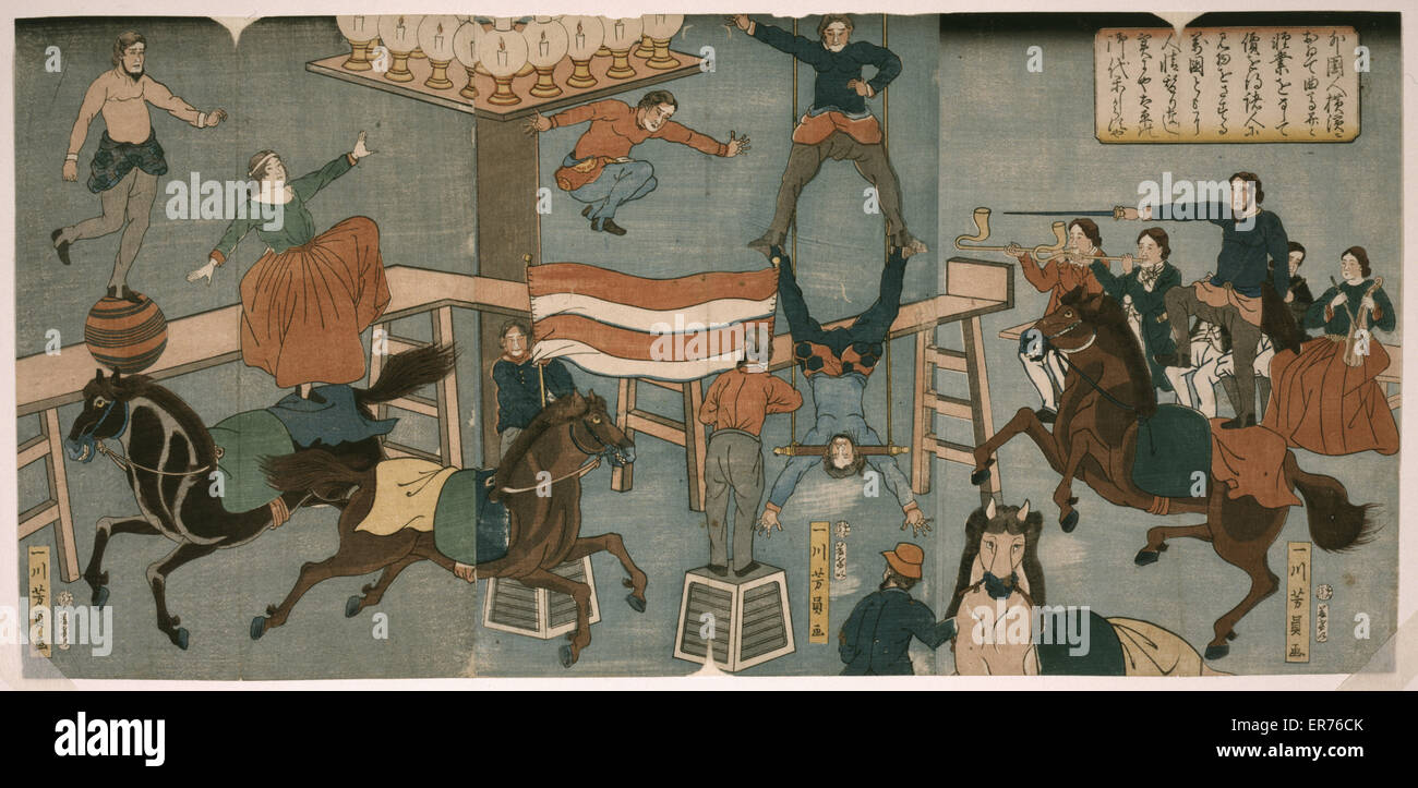 Cirque Etrangers A Yokohama Triptyque Japonais Imprimer Montre Une Scene De Cirque Etrangers A Yokohama Au Japon Date 1864 Photo Stock Alamy