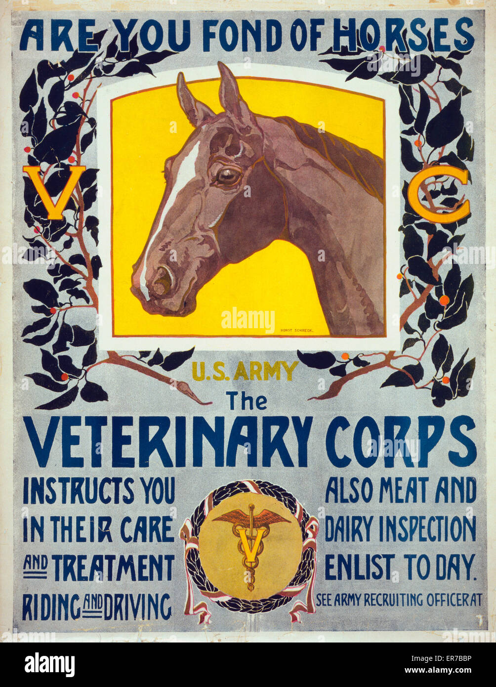 Êtes-vous amateur de chevaux - US Army - Le Corps vétérinaire vous invite à  leurs soins et de traitement, d'équitation et la conduite. Affiche montrant  un portrait d'un cheval et de l'insigne