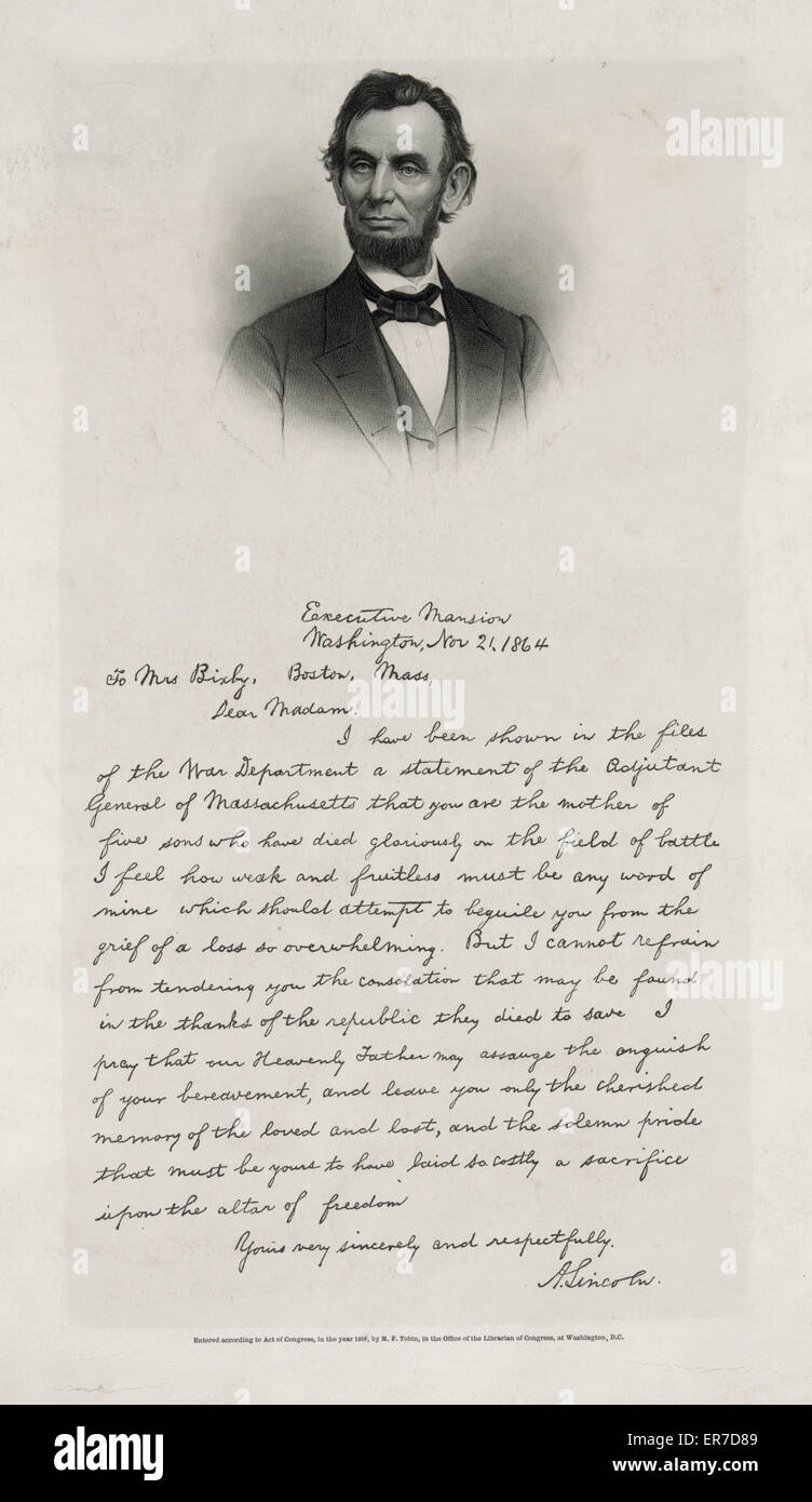 Lettre d'Abraham Lincoln à Mme Bixby, longueur de buste Banque D'Images