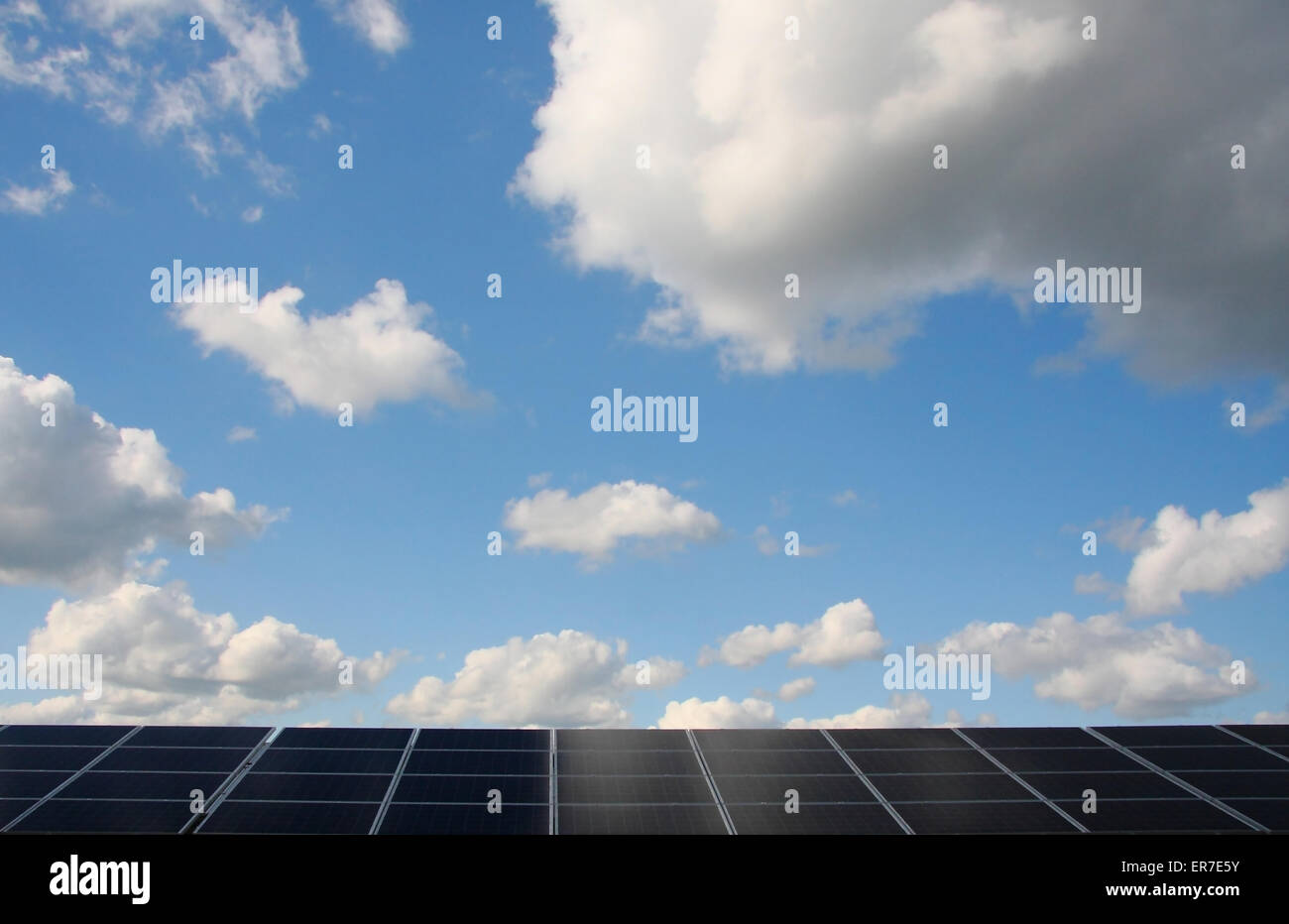 Panneaux photovoltaïques dans une ferme solaire sur un jour nuageux, Dorset, UK Banque D'Images