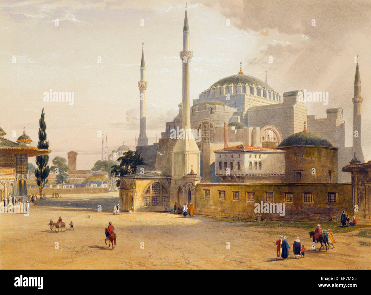 Imprimer Montre Vue Exterieure De La Mosquee Ayasofya Anciennement L Eglise De Sainte Sophie A Partir De La Porte Imperiale Comprend Des Minarets Avec Des Groupes D Hommes Et Femmes En Costume Traditionnel Date