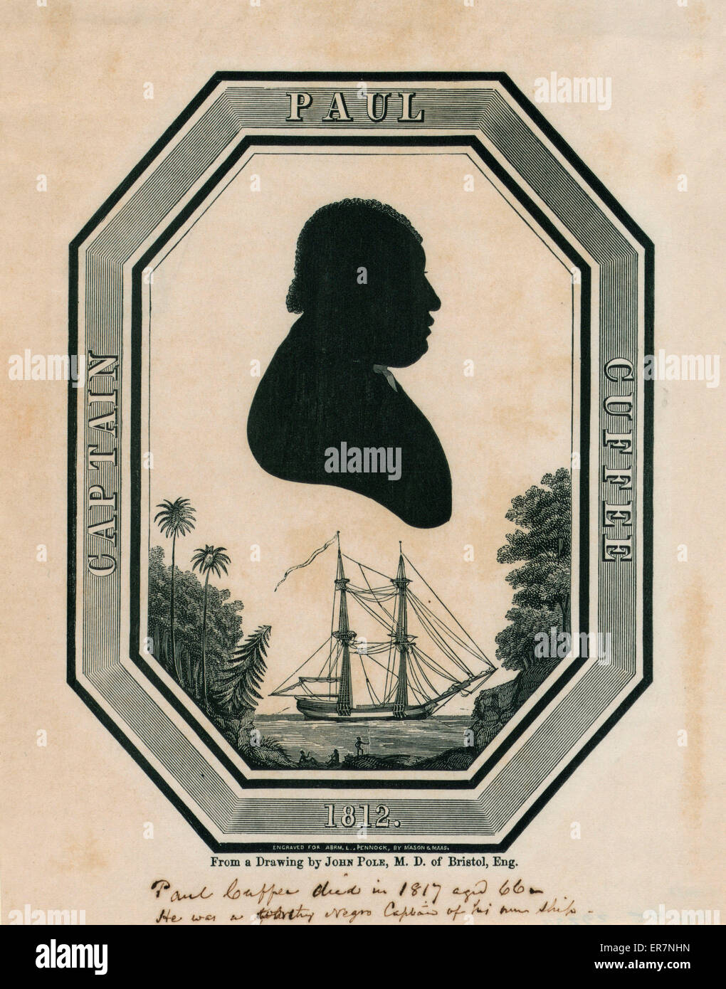 Le Capitaine Paul Cuffee 1812. Imprimer montre une silhouette tête-et-épaules portrait de Paul Cuffe, un homme d'affaires prospère et capitaine, au-dessus d'un bateau amarré dans une région tropicale, peut-être la Sierra Leone. Date 1812. Banque D'Images