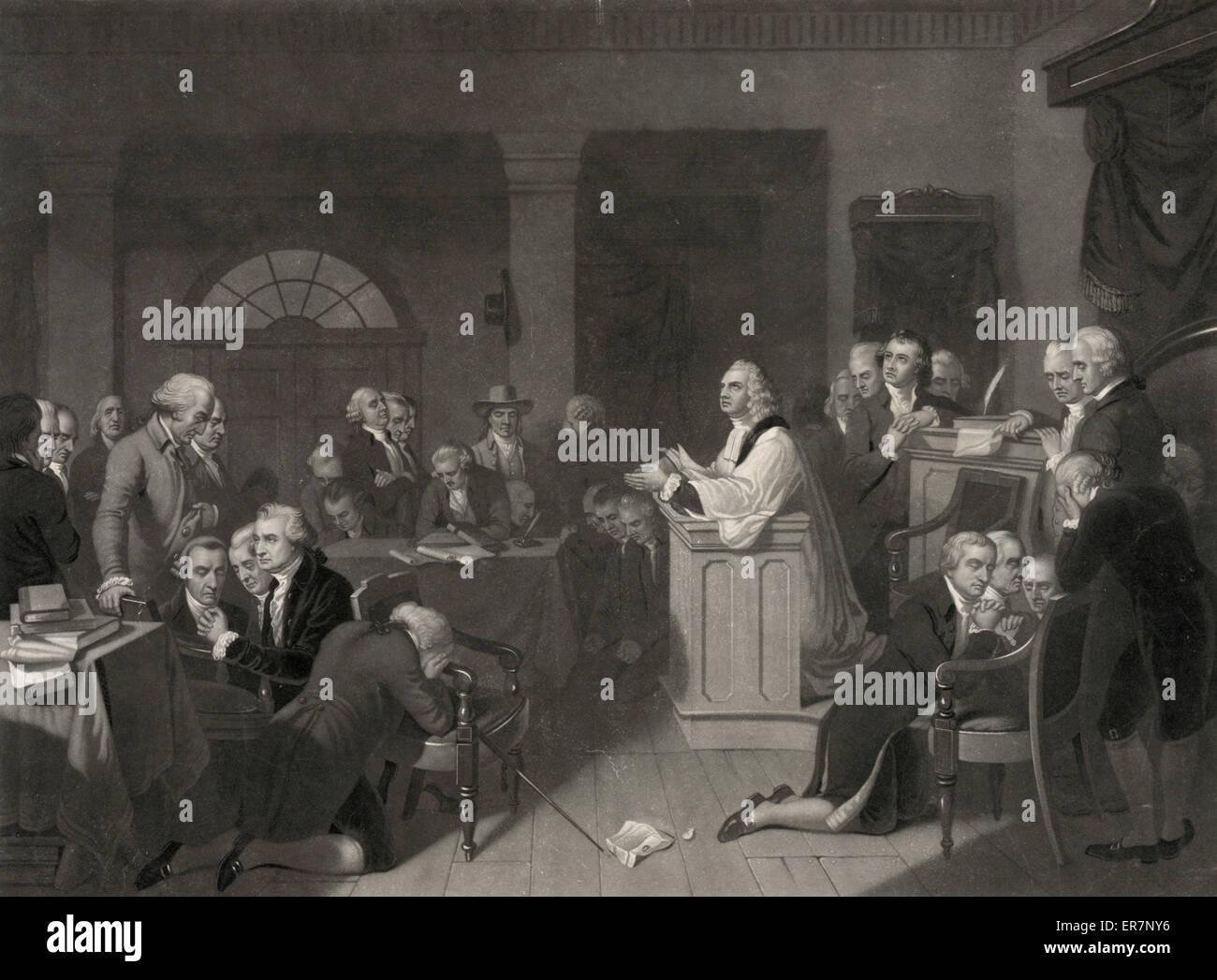La première prière au Congrès. Imprimer montrant des membres du Congrès avec tête baissée, certains à genoux sur le sol, dans la prière au cours de la session en septembre 1774. Date c1848. Banque D'Images