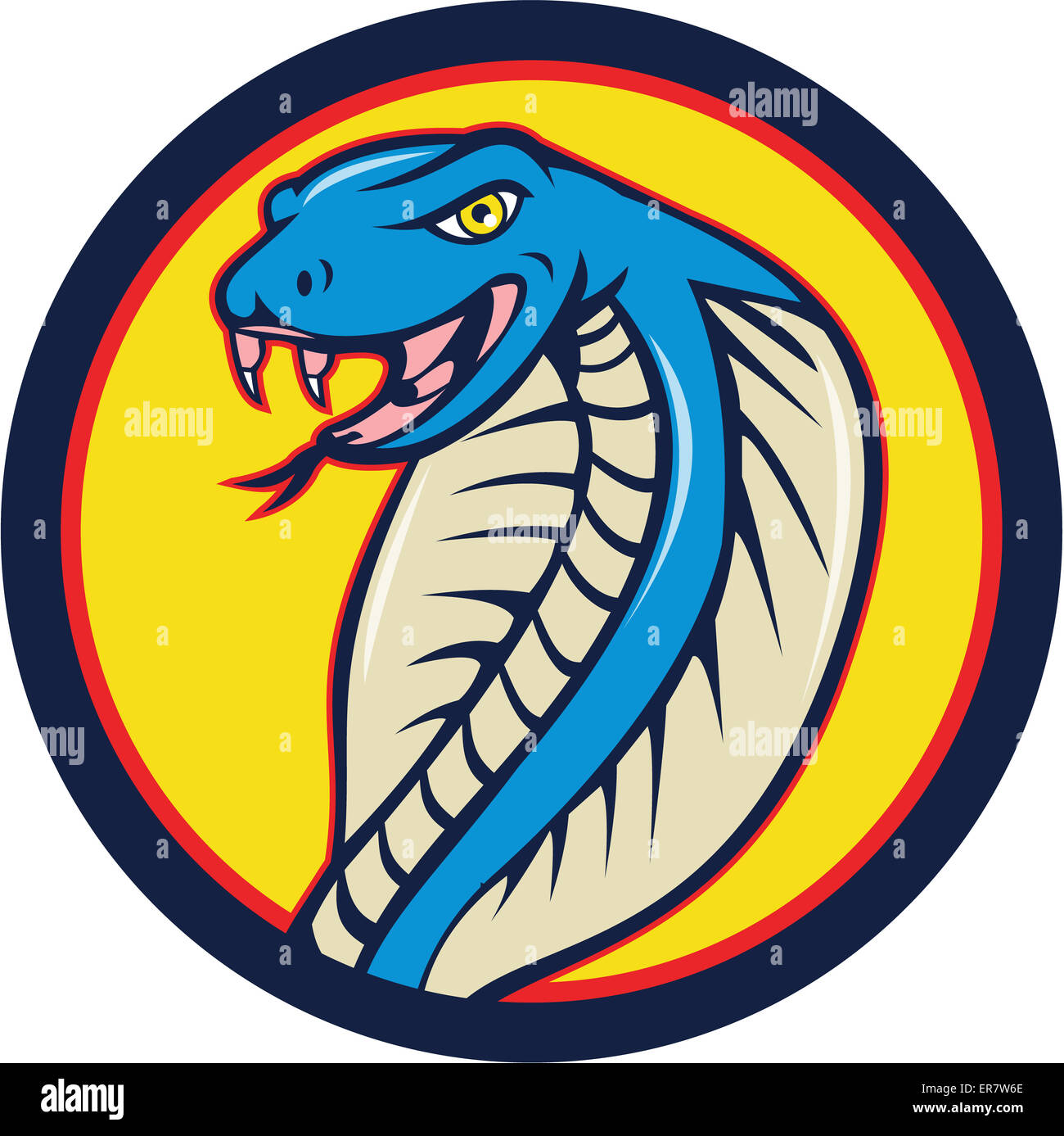 Illustration d'une tête de serpent serpent viper cobra avec langue d'attaquer ensemble à l'intérieur du cercle sur fond isolé fait en style cartoon. Banque D'Images
