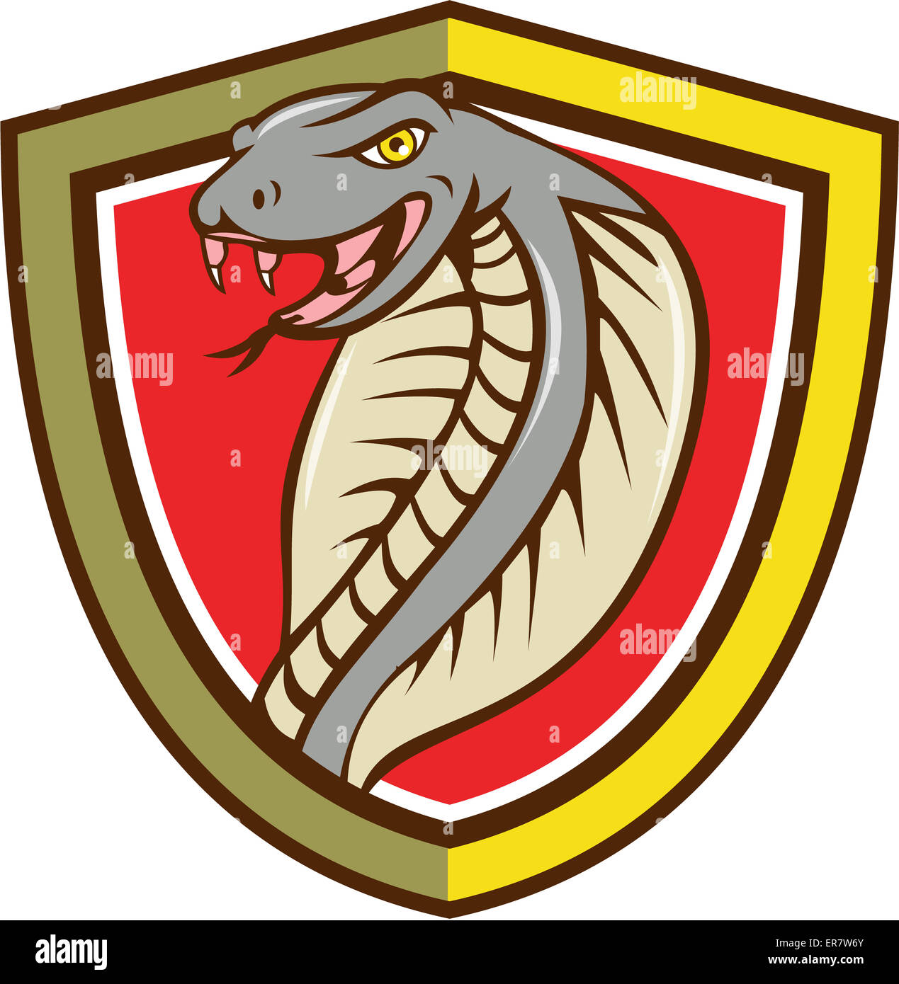 Illustration d'une tête de serpent serpent viper cobra avec langue d'attaquer ensemble à l'intérieur de la crête de l'écran sur fond isolé fait en style cartoon. Banque D'Images