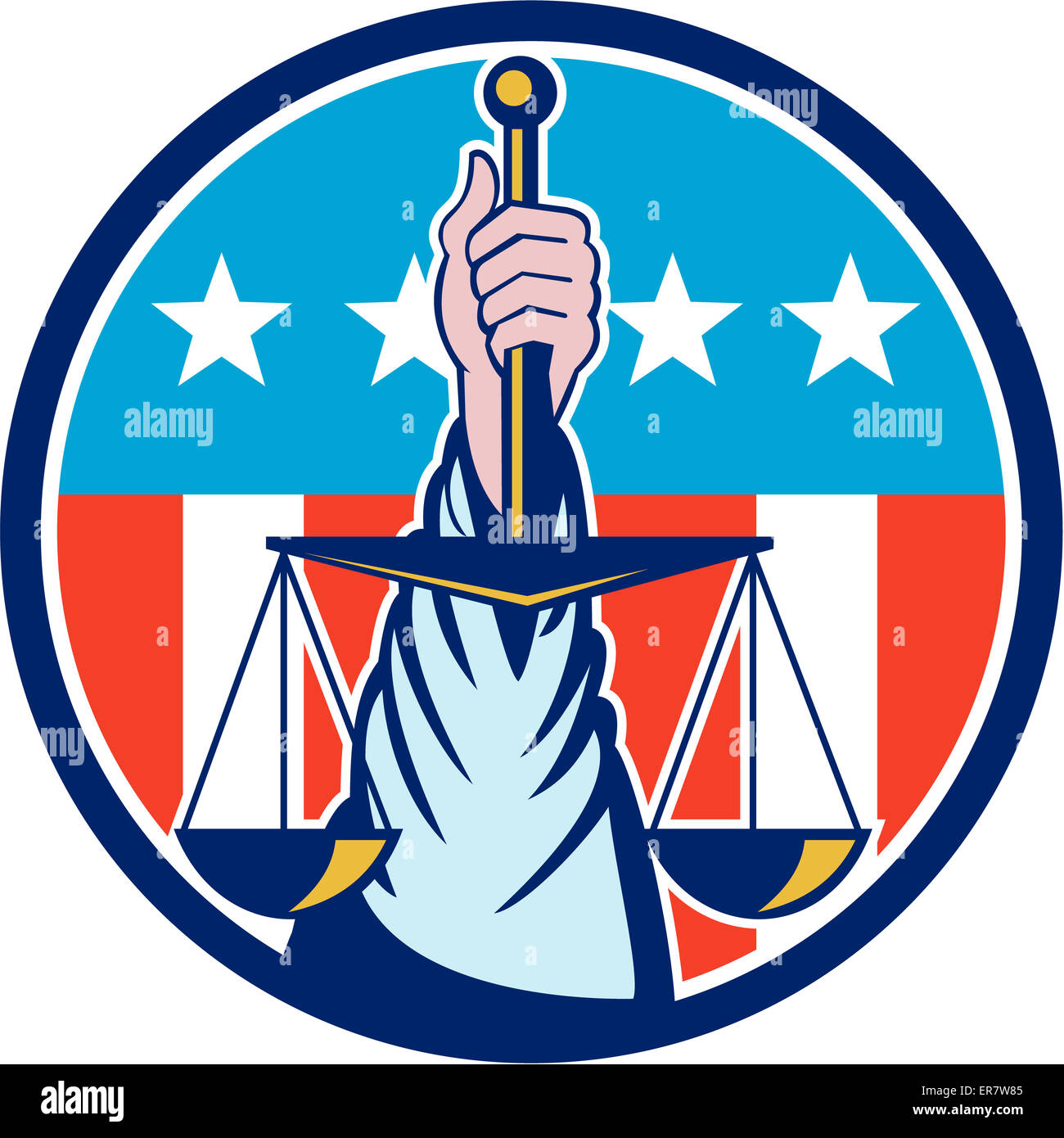 Illustration d'une main tenant balance de la justice vue de l'avant ensemble à l'intérieur du cercle avec usa stars and stripes dans l'arrière-plan fait en style rétro. Banque D'Images
