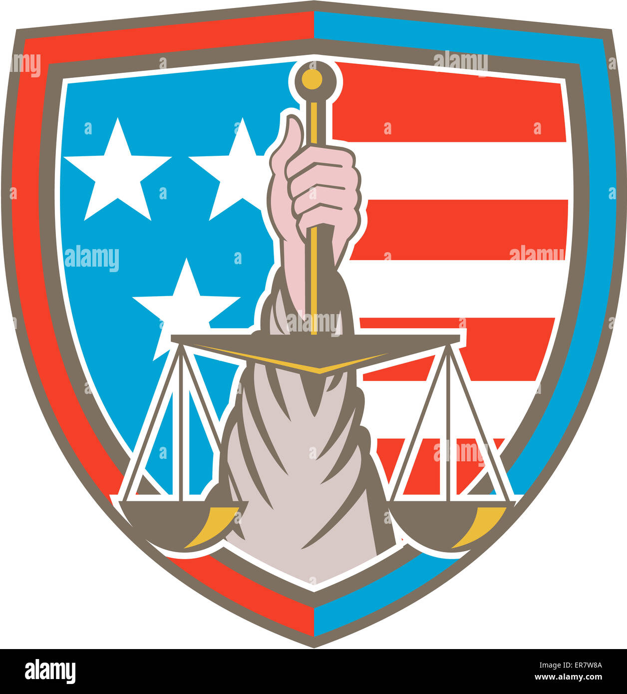 Illustration d'une main tenant balance de la justice vue de l'avant à l'intérieur de la crête du bouclier avec usa stars and stripes dans l'arrière-plan fait en style rétro. Banque D'Images