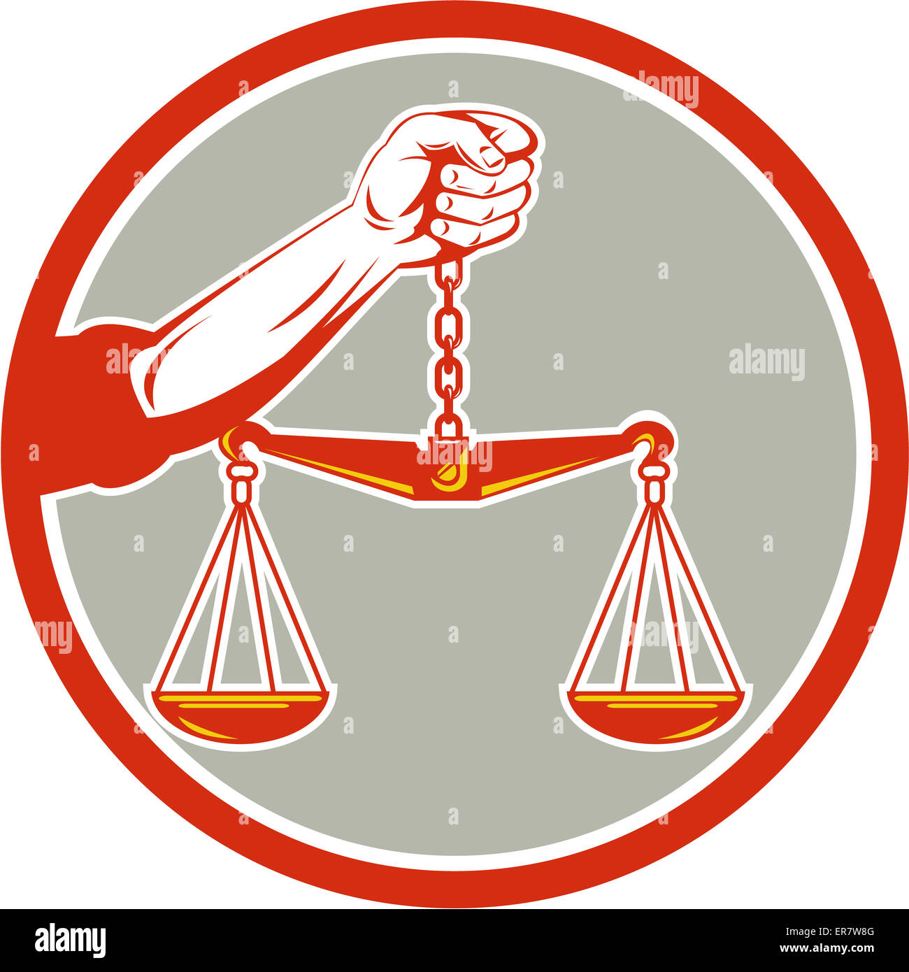Illustration d'une main tenant des balances balances de la justice vue de l'avant ensemble à l'intérieur du cercle sur fond isolé fait Banque D'Images
