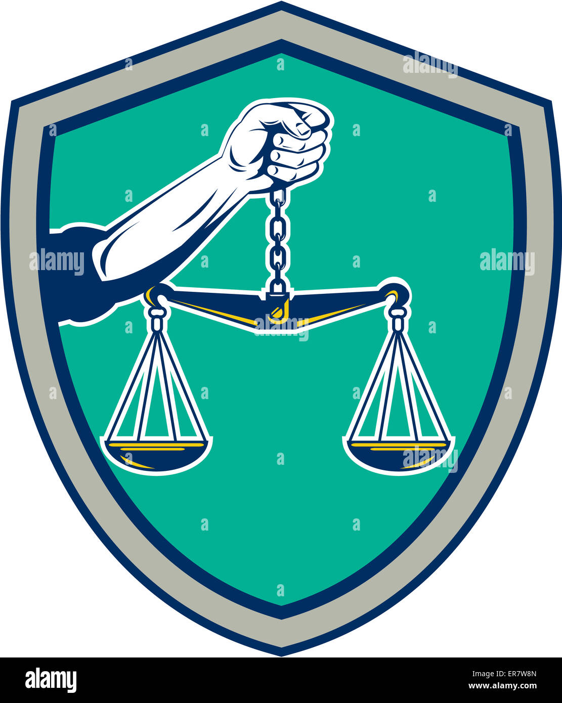 Illustration d'une main tenant des balances balances de la justice vue de l'avant à l'intérieur de la crête de l'écran sur fond isolé fait en style rétro. Banque D'Images