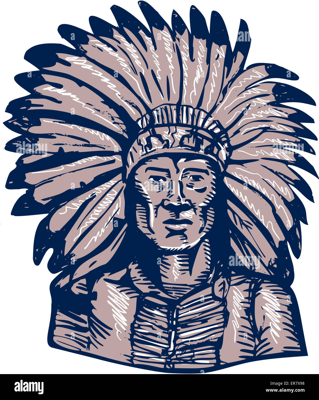 Gravure Gravure illustration style artisanal d'un Native American Indian chief warrior vu de l'avant ensemble sur blanc isolé Banque D'Images