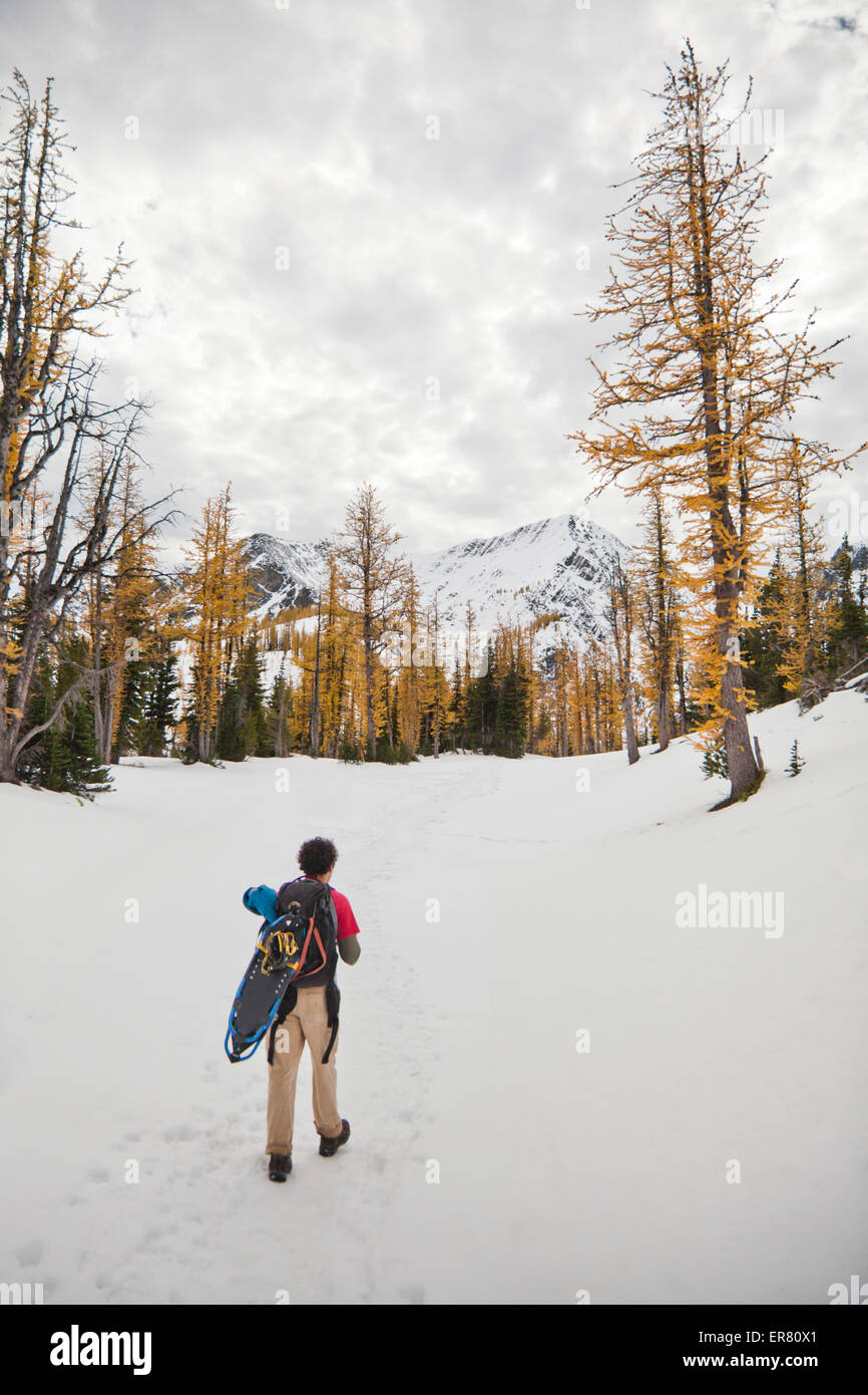 Un randonneur randonnées dans la neige vers la montagne glaciale. Banque D'Images