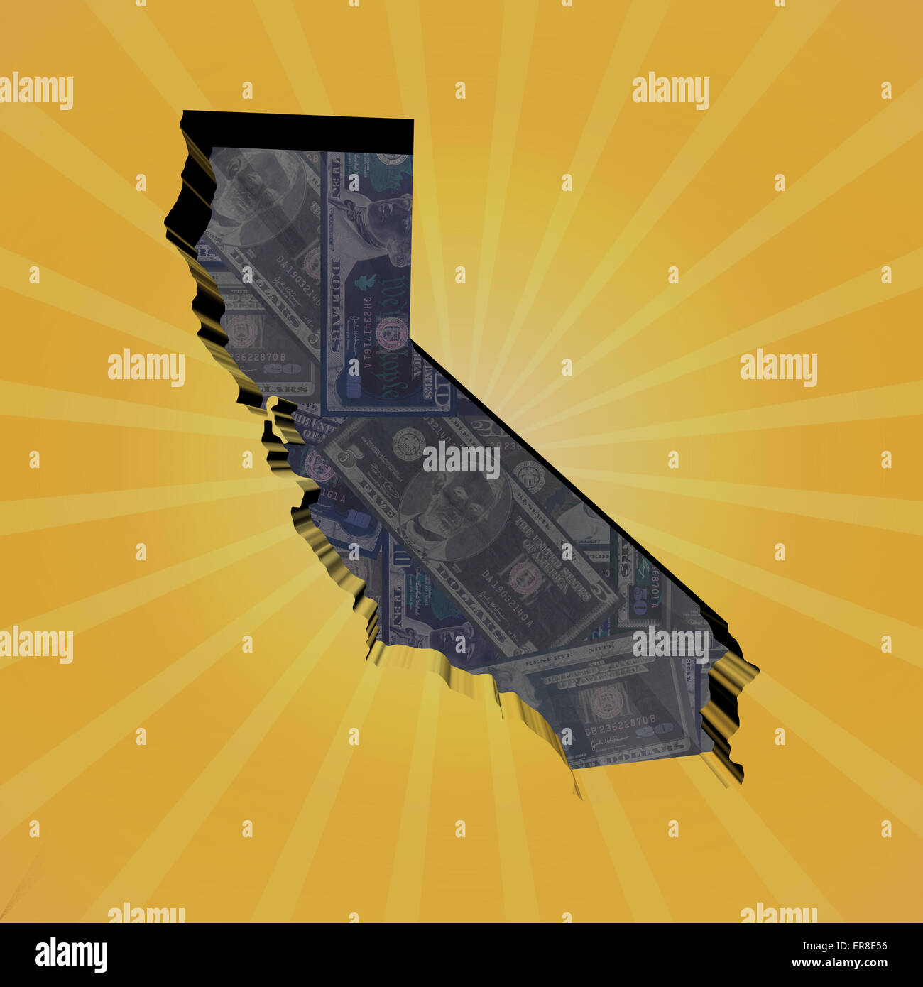 Carte de la Californie sur dollars sunburst illustration Banque D'Images