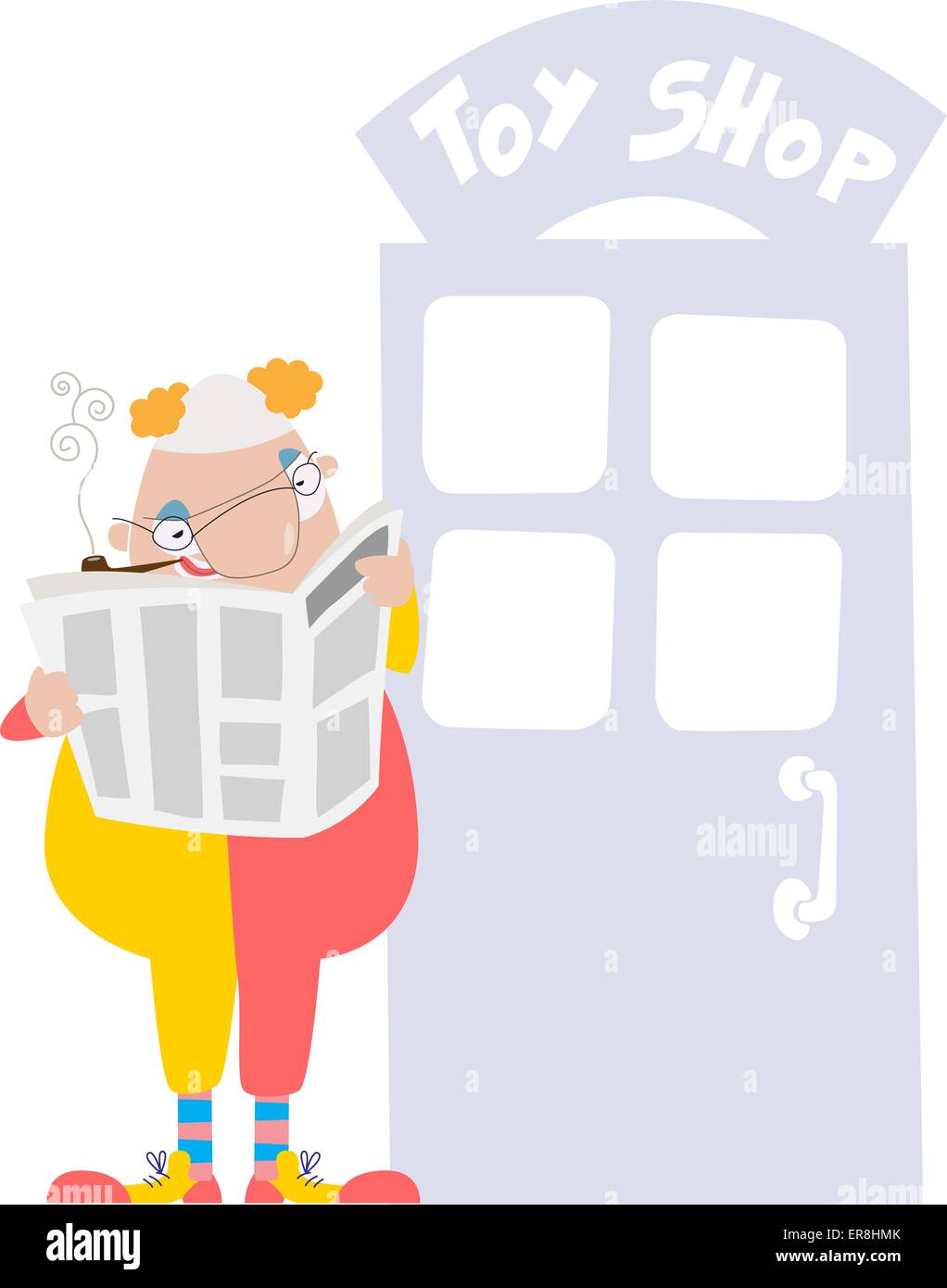 Homme dans un costume de clown fumant une pipe et lire un journal près de la porte d'un magasin de jouets. Illustration de Vecteur