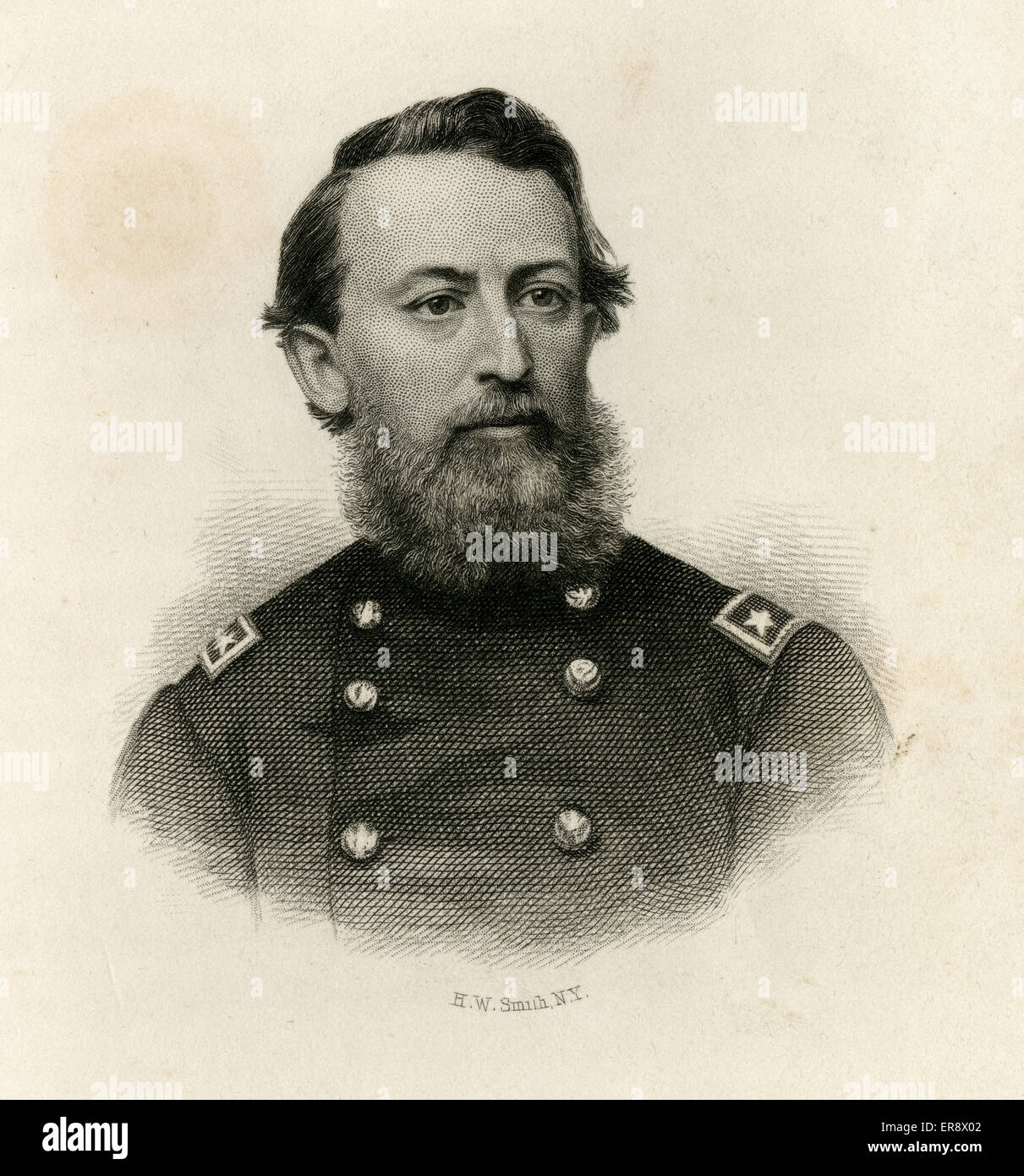 Gravure ancienne 1866, le Brigadier-général Jonathan Prince Cilley, du 1er Régiment de Cavalerie volontaire du Maine. Banque D'Images