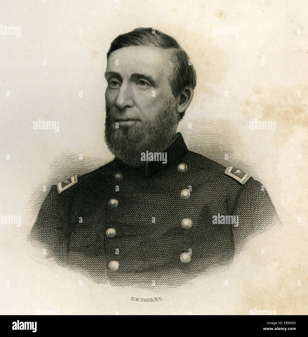 Gravure ancienne 1866, le Lieutenant-colonel Calvin S. Douty, du 1er Régiment de Cavalerie volontaire du Maine. Banque D'Images