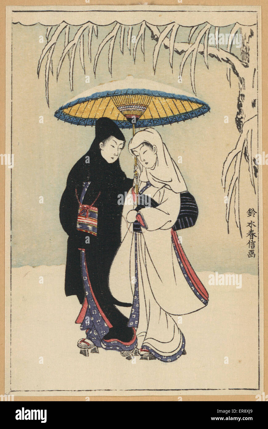 Couple sous parapluie dans la neige (corbeau et héron) Banque D'Images